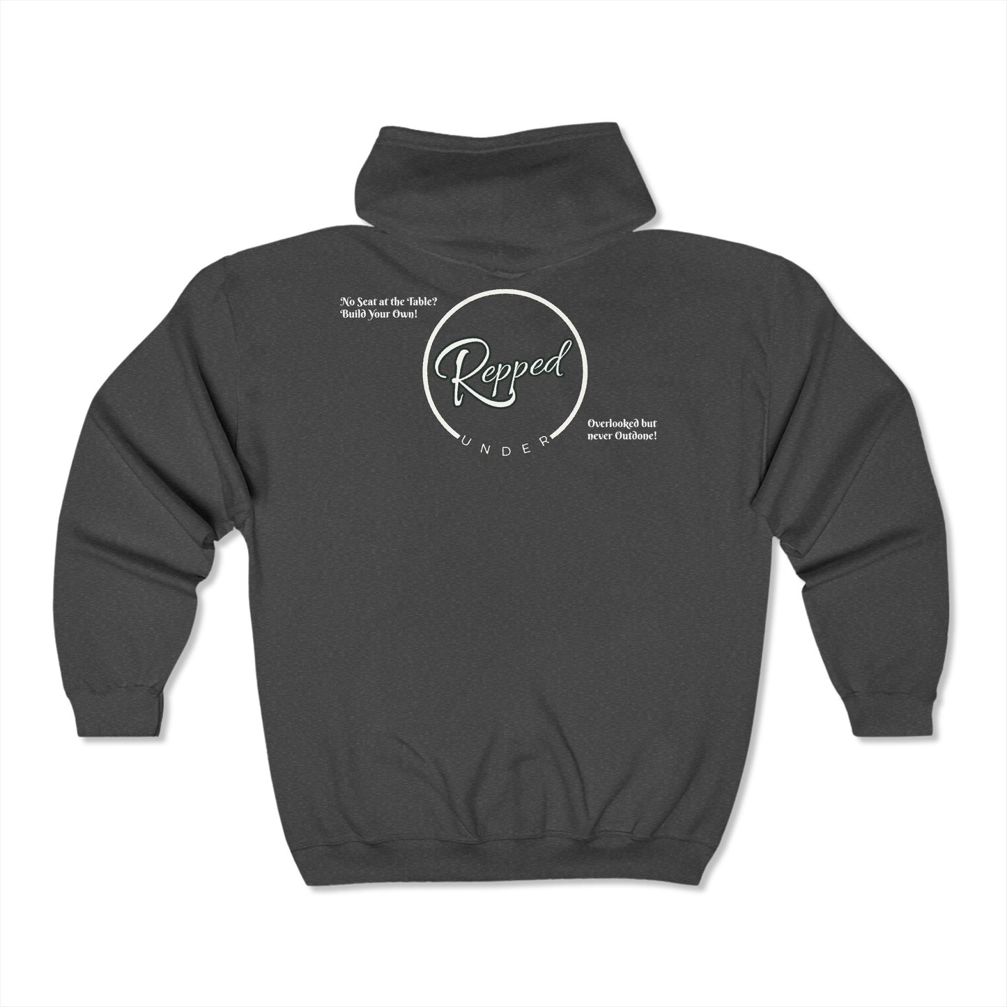 Back of premium grey poker zip up jacket with a relaxed fit, featuring a bold ‘UnderRepped’ design – crafted from soft cotton blend for comfort during long poker sessions. A must-have for poker players, card sharks, and gambling enthusiasts looking for stylish, high-quality poker apparel. Wording "No seat at the table? Build your own!" and "Overlooked but never outdone!" written in white.