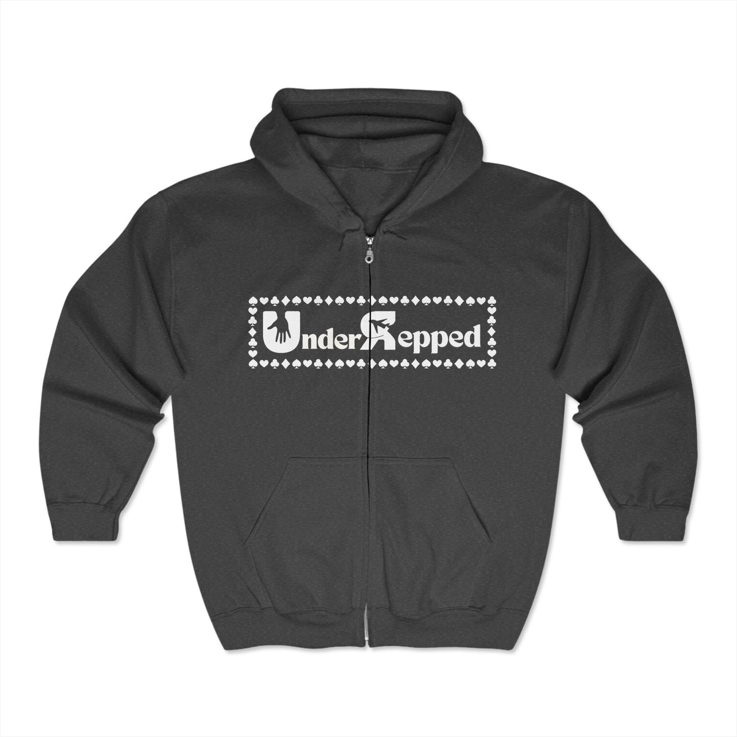 Front of premium grey poker zip up jacket with a relaxed fit, featuring a bold ‘UnderRepped’ design – crafted from soft cotton blend for comfort during long poker sessions. A must-have for poker players, card sharks, and gambling enthusiasts looking for stylish, high-quality poker apparel.