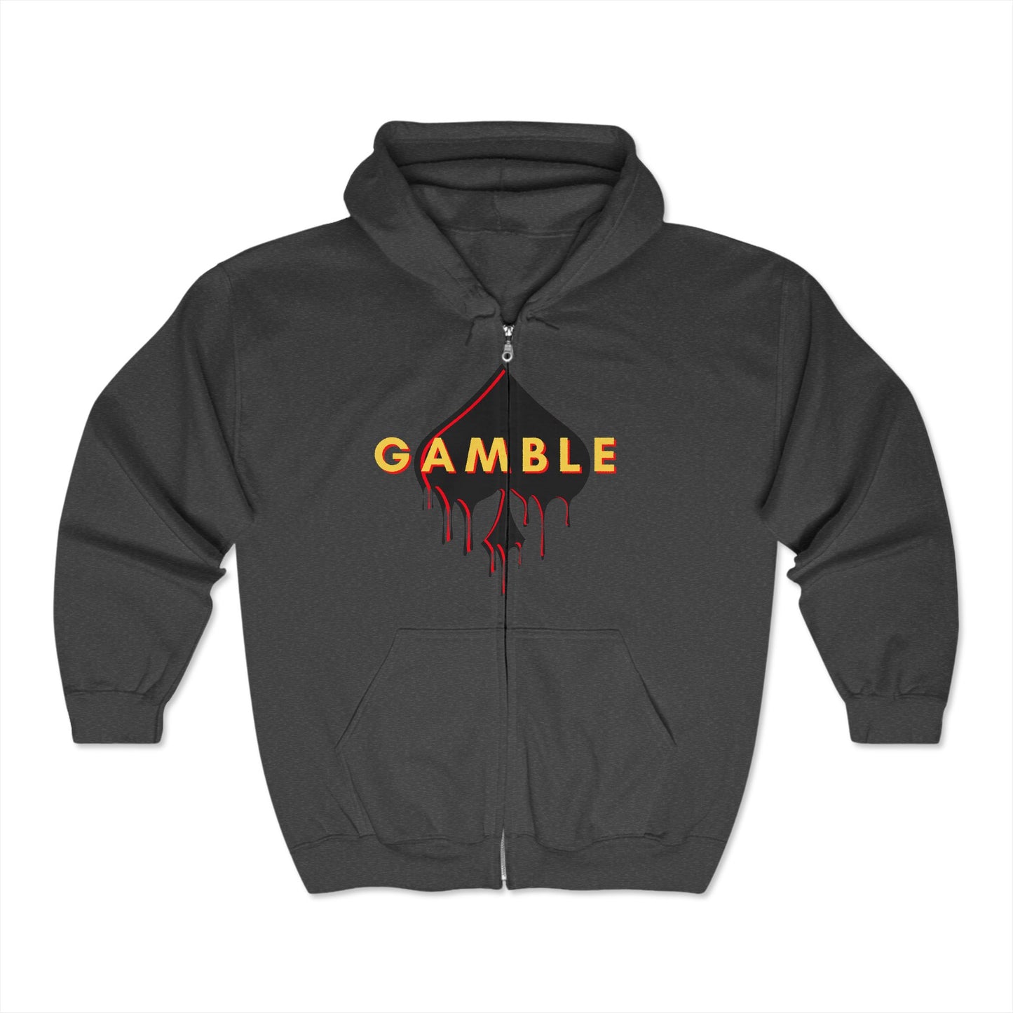Black poker zip-up hoodie with embroidered chest detail, crafted from a cotton-poly blend for comfort and durability. Ideal poker apparel for grinders, tournament players, and dedicated poker fans.