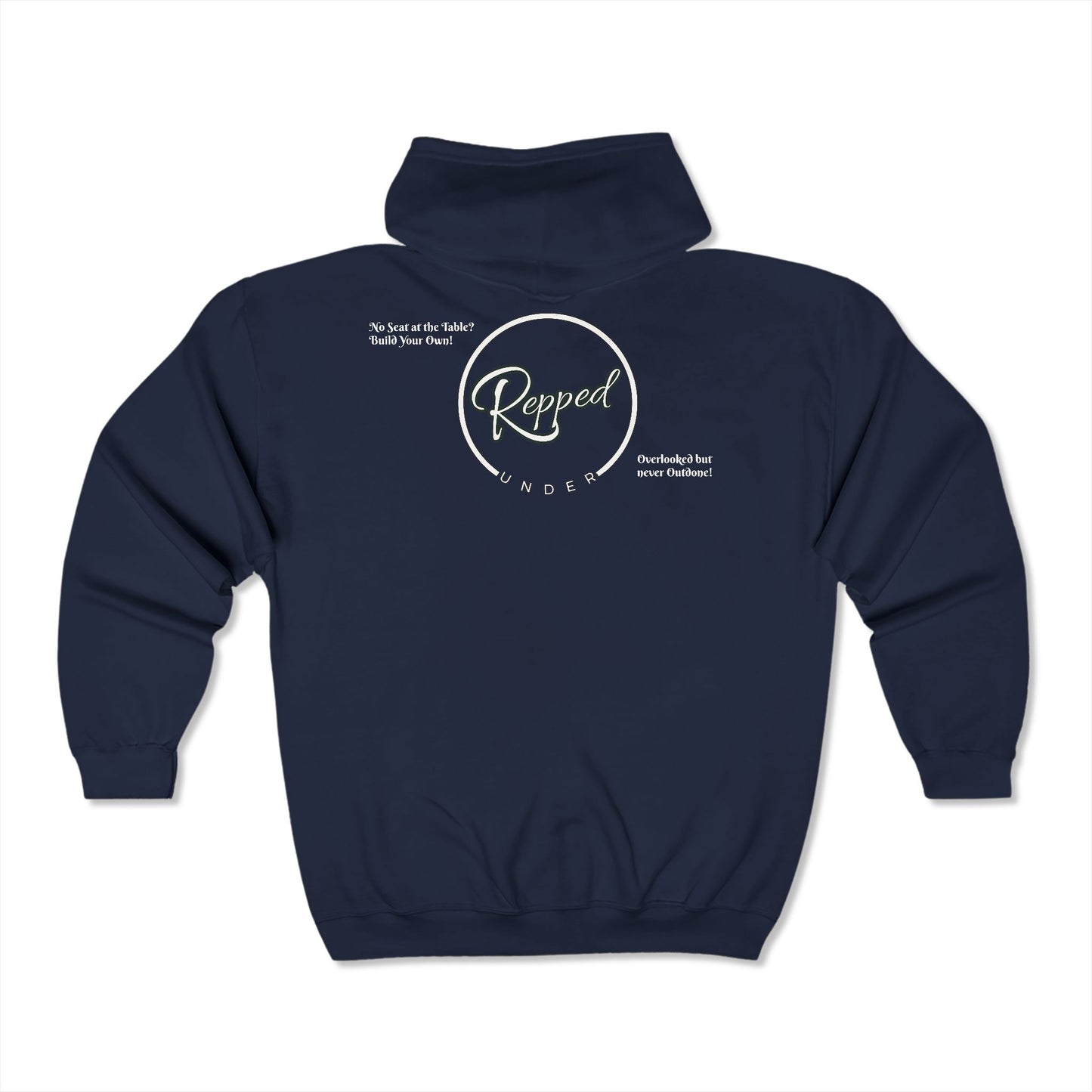 Back of premium blue poker zip up jacket with a relaxed fit, featuring a bold ‘UnderRepped’ design – crafted from soft cotton blend for comfort during long poker sessions. A must-have for poker players, card sharks, and gambling enthusiasts looking for stylish, high-quality poker apparel. Wording "No seat at the table? Build your own!" and "Overlooked but never outdone!" written in white.