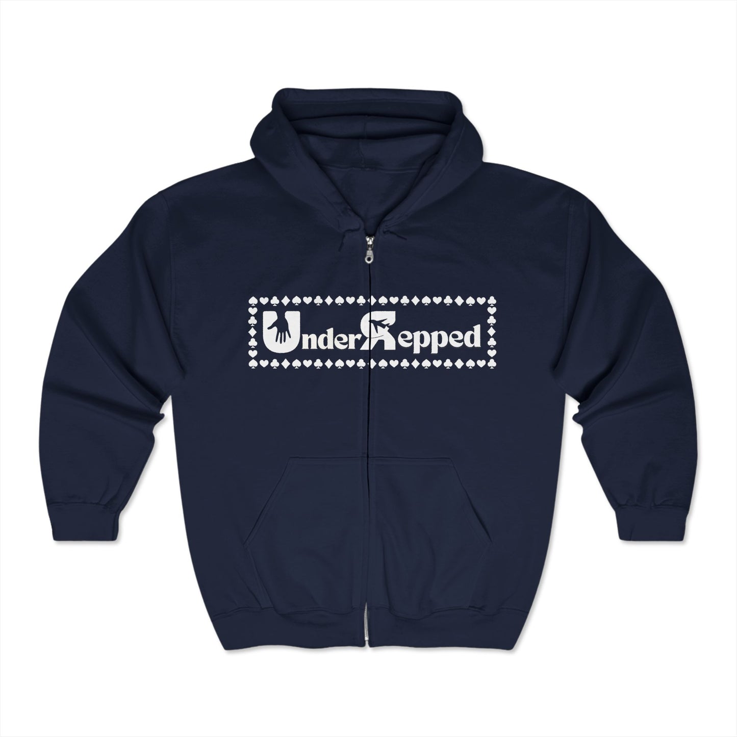 Front of premium blue poker zip up jacket with a relaxed fit, featuring a bold ‘UnderRepped’ design – crafted from soft cotton blend for comfort during long poker sessions. A must-have for poker players, card sharks, and gambling enthusiasts looking for stylish, high-quality poker apparel.