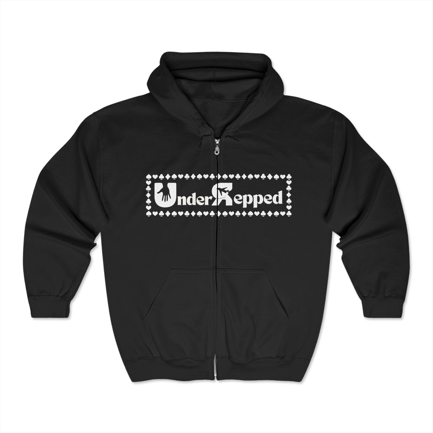 Front of premium black poker Zip up jacketwith a relaxed fit, featuring a bold ‘UnderRepped’ design – crafted from soft cotton blend for comfort during long poker sessions. A must-have for poker players, card sharks, and gambling enthusiasts looking for stylish, high-quality poker apparel.