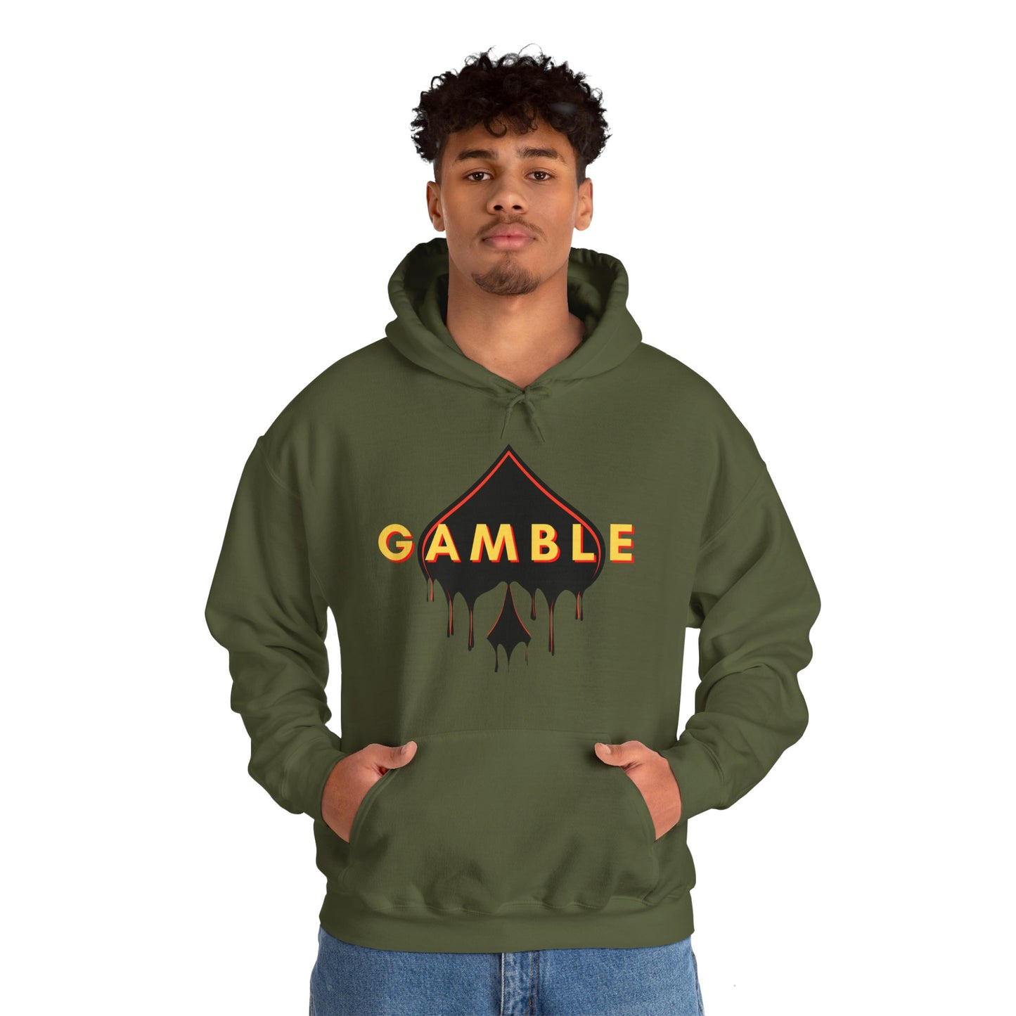 OD Green Gamble Drip Poker Hoodie featuring a bold logo design, made from a soft cotton/polyester blend.