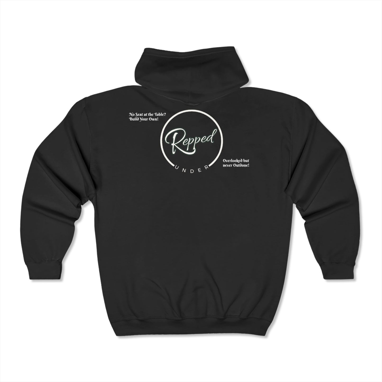 Back of premium black poker zip up jacket with a relaxed fit, featuring a bold ‘UnderRepped’ design – crafted from soft cotton blend for comfort during long poker sessions. A must-have for poker players, card sharks, and gambling enthusiasts looking for stylish, high-quality poker apparel. Wording "No seat at the table? Build your own!" and "Overlooked but never outdone!" written in white.