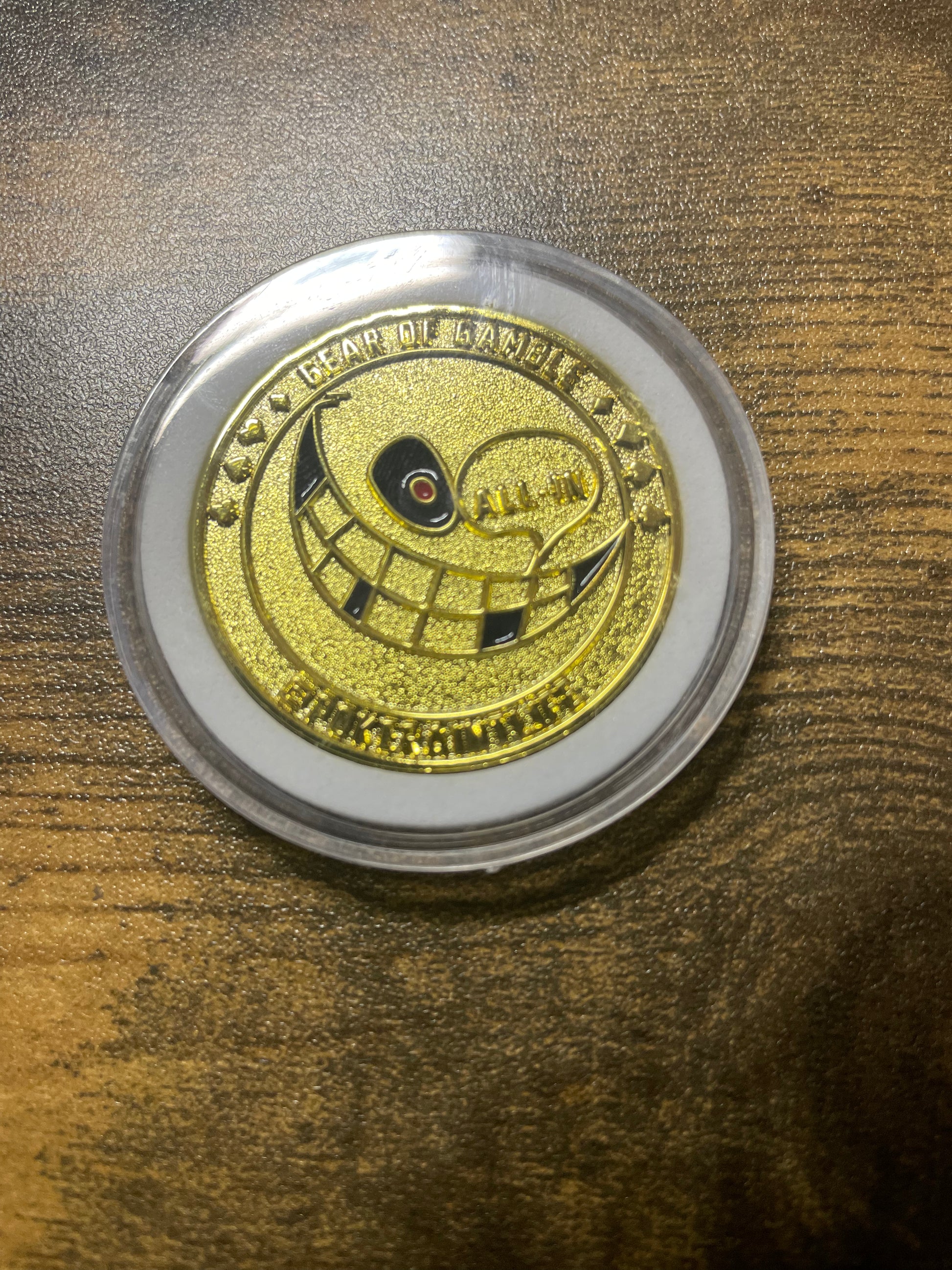 Premium metal poker card protector with ‘ ‘ALL IN’ art on side. Perfect poker accessory to protect your cards while adding style to your poker gameplay. A must-have for serious poker players.