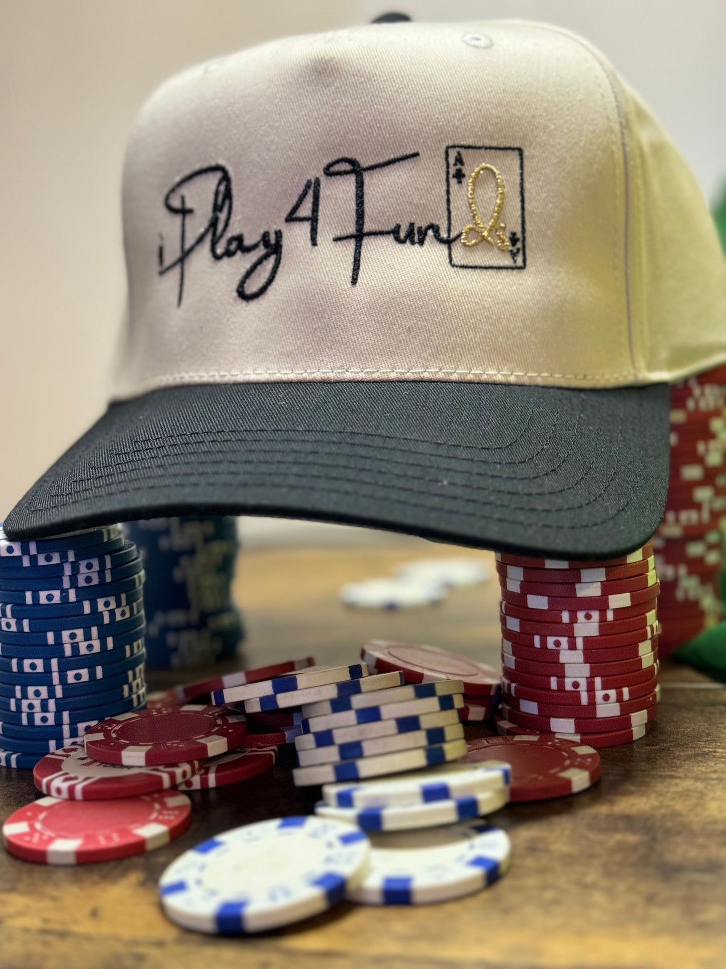 Black snapback hat featuring ‘iPlay4Funds’ embroidered on the front, structured design, and adjustable closure. Ideal poker apparel for serious players who take every hand with purpose