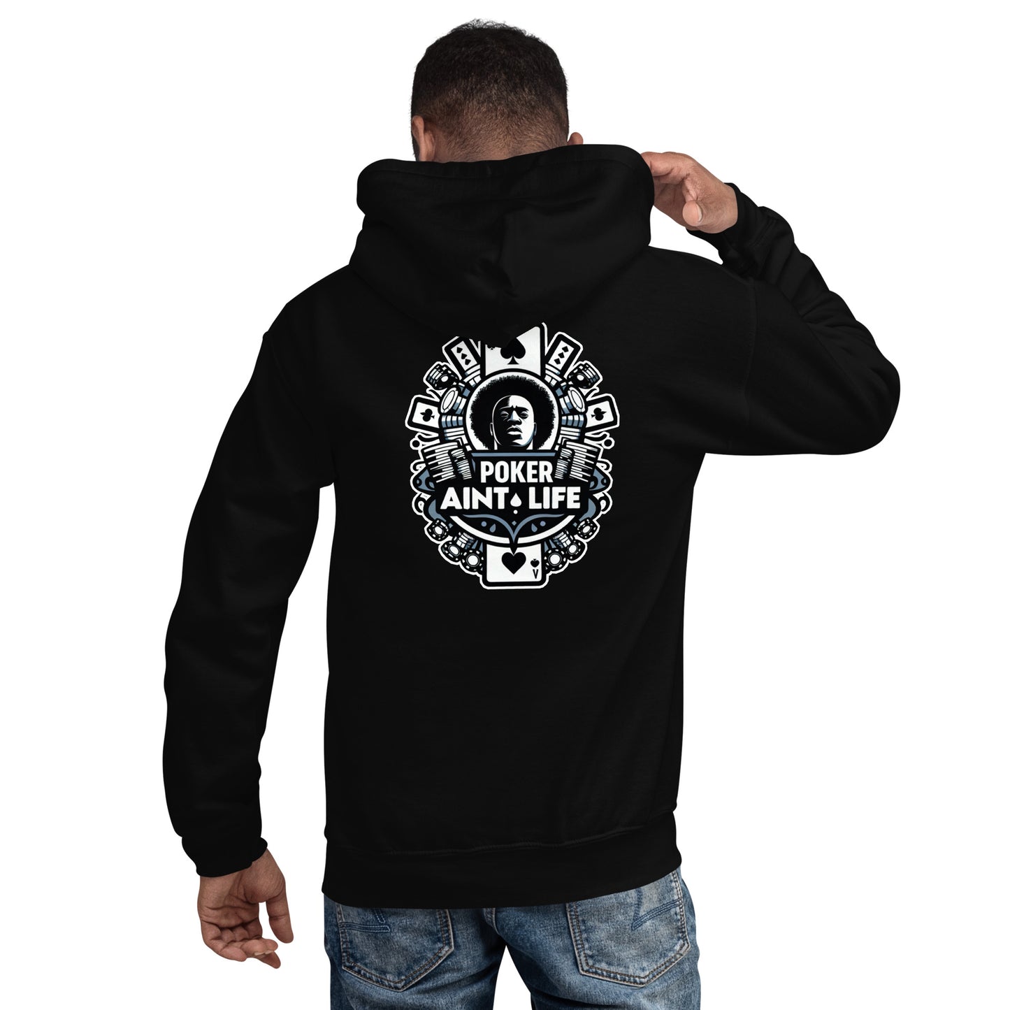 Back side of Black poker apparel hoodie featuring the bold Poker Ain’t Life logo on the front, crafted from a soft cotton-poly blend for all-day comfort. Ideal poker clothing for grinders, tournament players, and dedicated card enthusiasts.