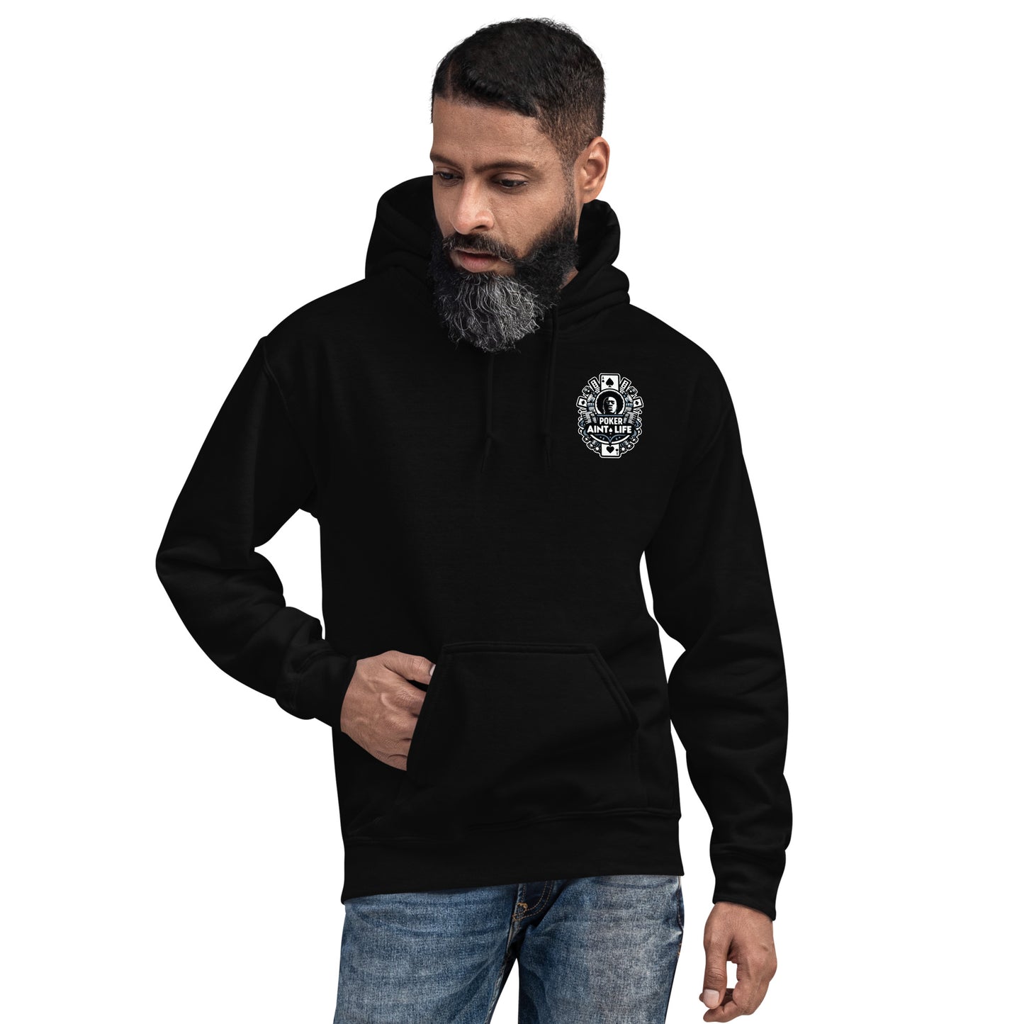 Black poker apparel hoodie featuring the bold Poker Ain’t Life logo on the front, crafted from a soft cotton-poly blend for all-day comfort. Ideal poker clothing for grinders, tournament players, and dedicated card enthusiasts.
