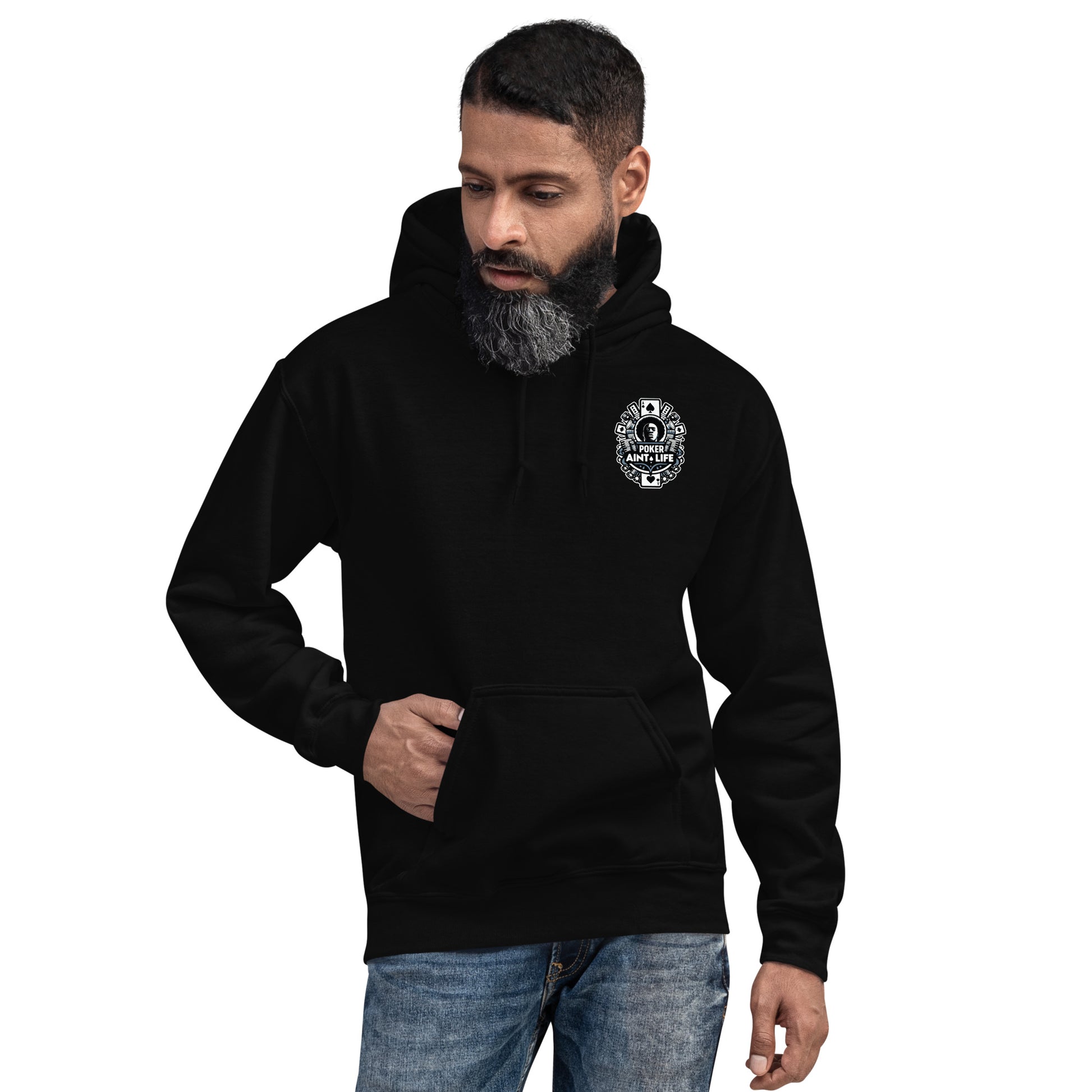 Black poker apparel hoodie featuring the bold Poker Ain’t Life logo on the front, crafted from a soft cotton-poly blend for all-day comfort. Ideal poker clothing for grinders, tournament players, and dedicated card enthusiasts.