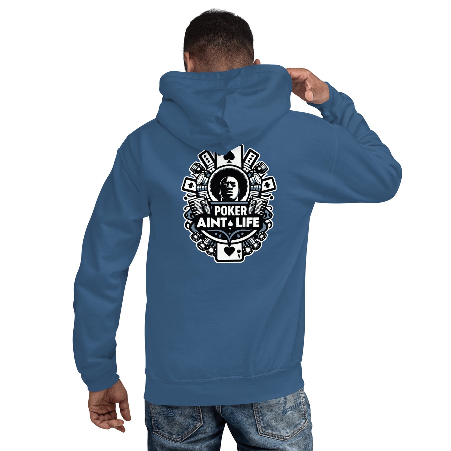 Front side of blue poker apparel hoodie featuring the bold Poker Ain’t Life logo on the front, crafted from a soft cotton-poly blend for all-day comfort. Ideal poker clothing for grinders, tournament players, and dedicated card enthusiasts.