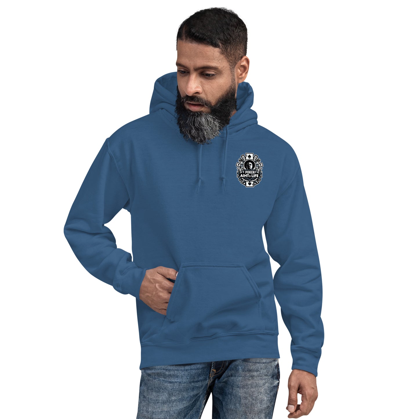 Front side of blue poker apparel hoodie featuring the bold Poker Ain’t Life logo on the front, crafted from a soft cotton-poly blend for all-day comfort. Ideal poker clothing for grinders, tournament players, and dedicated card enthusiasts.