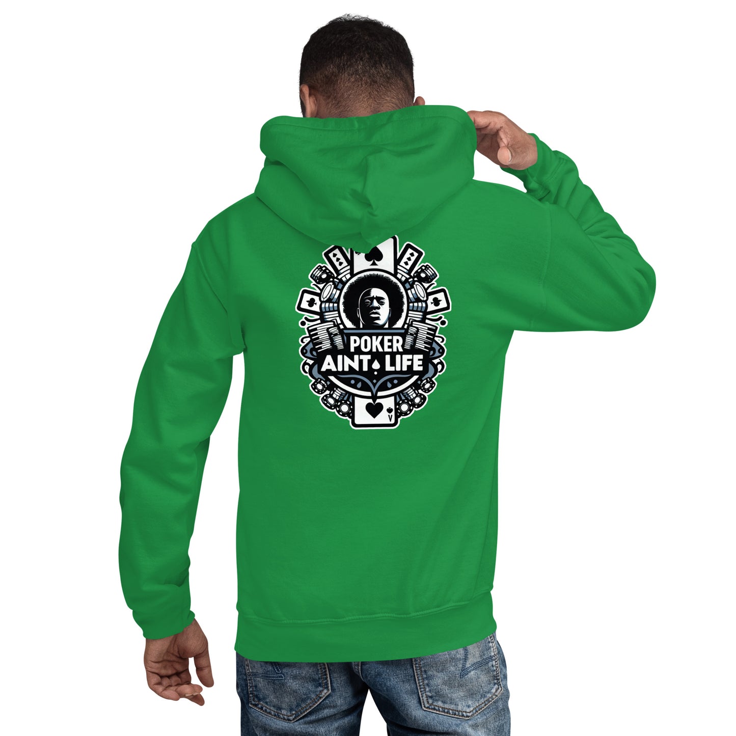 Back side of Green poker apparel hoodie featuring the bold Poker Ain’t Life logo on the front, crafted from a soft cotton-poly blend for all-day comfort. Ideal poker clothing for grinders, tournament players, and dedicated card enthusiasts.