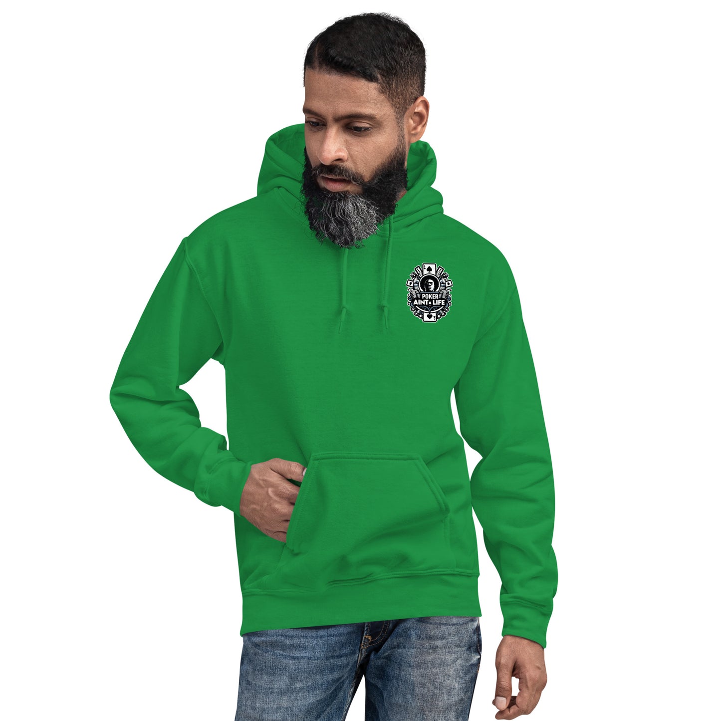 Front side of Green poker apparel hoodie featuring the bold Poker Ain’t Life logo on the front, crafted from a soft cotton-poly blend for all-day comfort. Ideal poker clothing for grinders, tournament players, and dedicated card enthusiasts.
