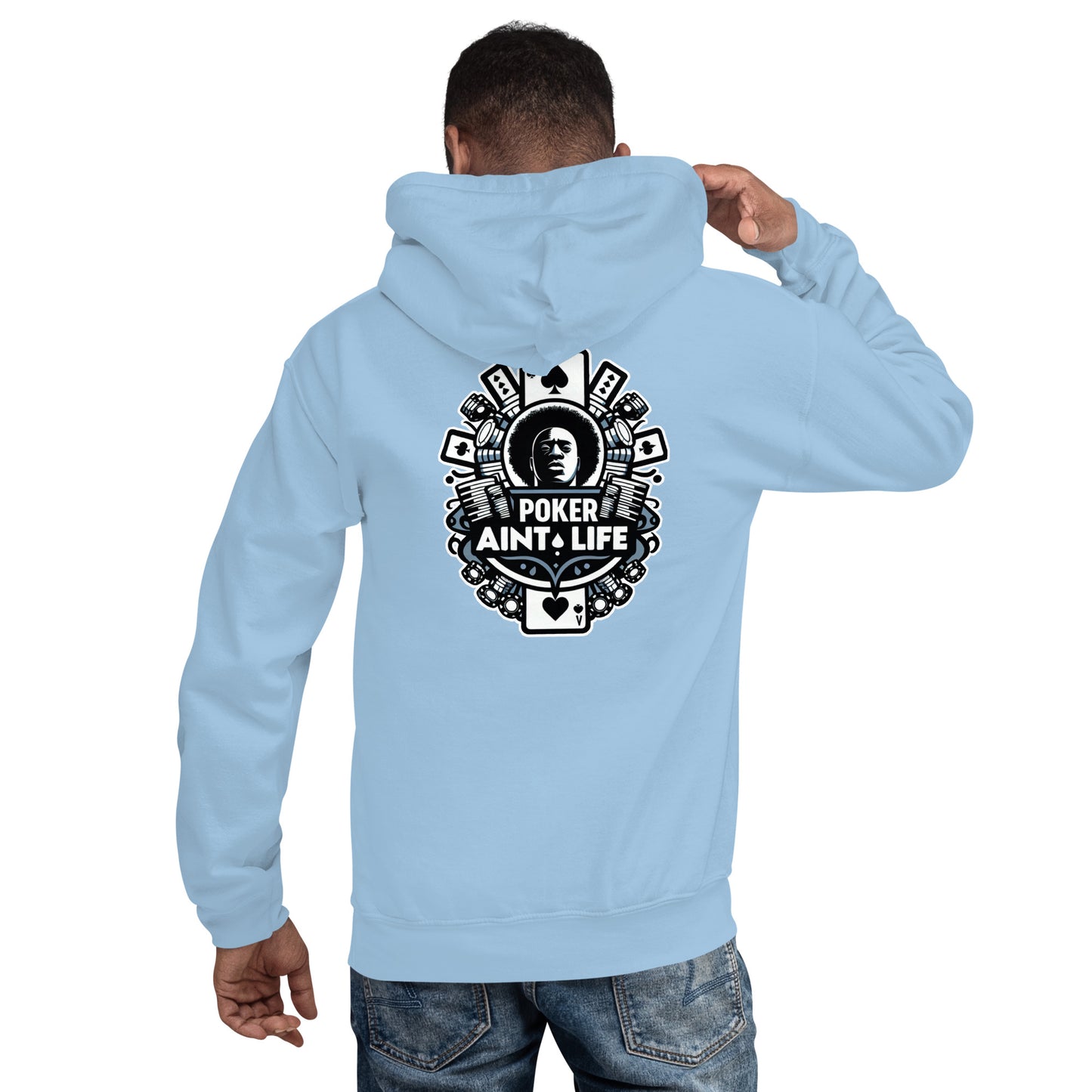 Back side of blue poker apparel hoodie featuring the bold Poker Ain’t Life logo on the front, crafted from a soft cotton-poly blend for all-day comfort. Ideal poker clothing for grinders, tournament players, and dedicated card enthusiasts.