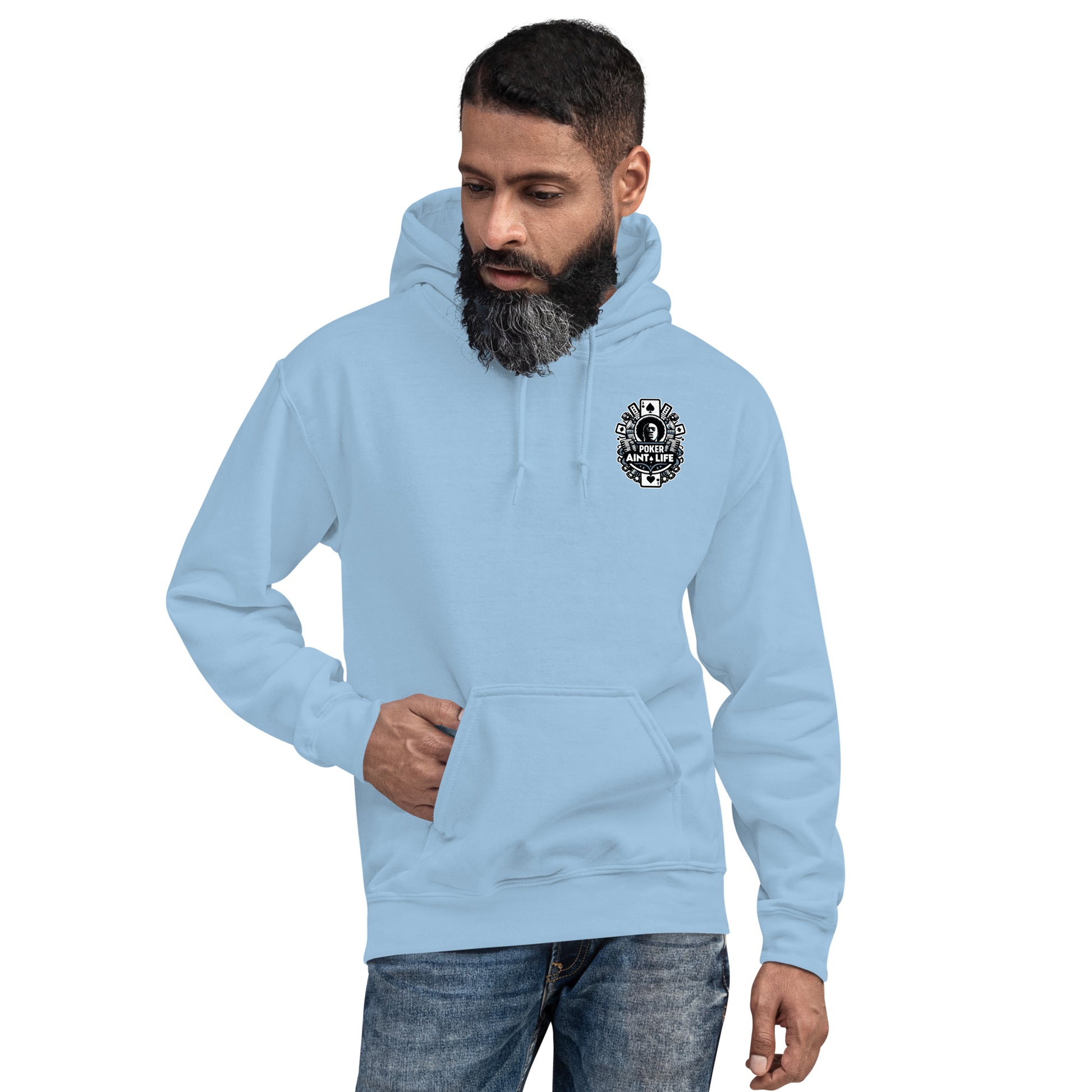 Back side of blue poker apparel hoodie featuring the bold Poker Ain’t Life logo on the front, crafted from a soft cotton-poly blend for all-day comfort. Ideal poker clothing for grinders, tournament players, and dedicated card enthusiasts.