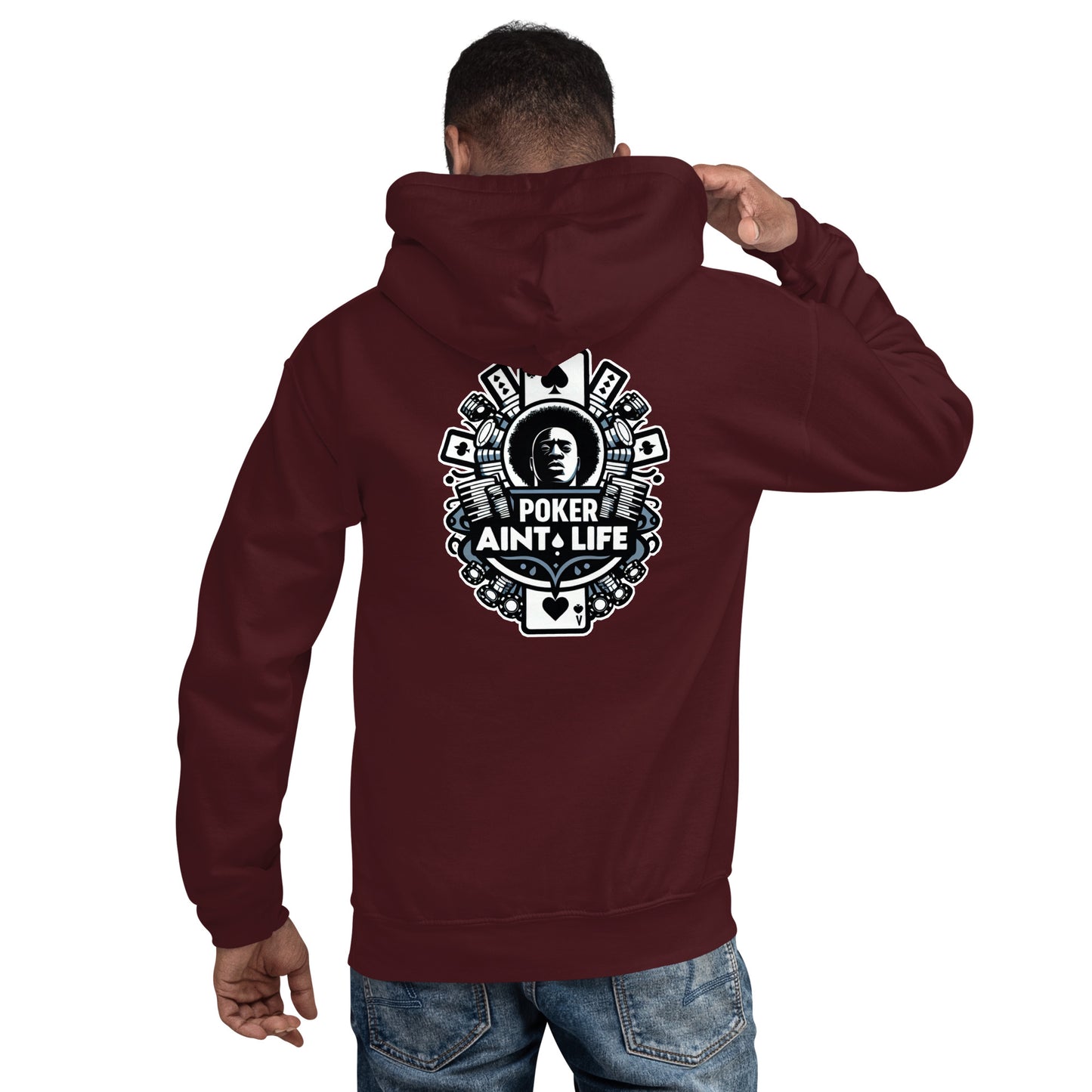 Back side of red poker apparel hoodie featuring the bold Poker Ain’t Life logo on the front, crafted from a soft cotton-poly blend for all-day comfort. Ideal poker clothing for grinders, tournament players, and dedicated card enthusiasts.