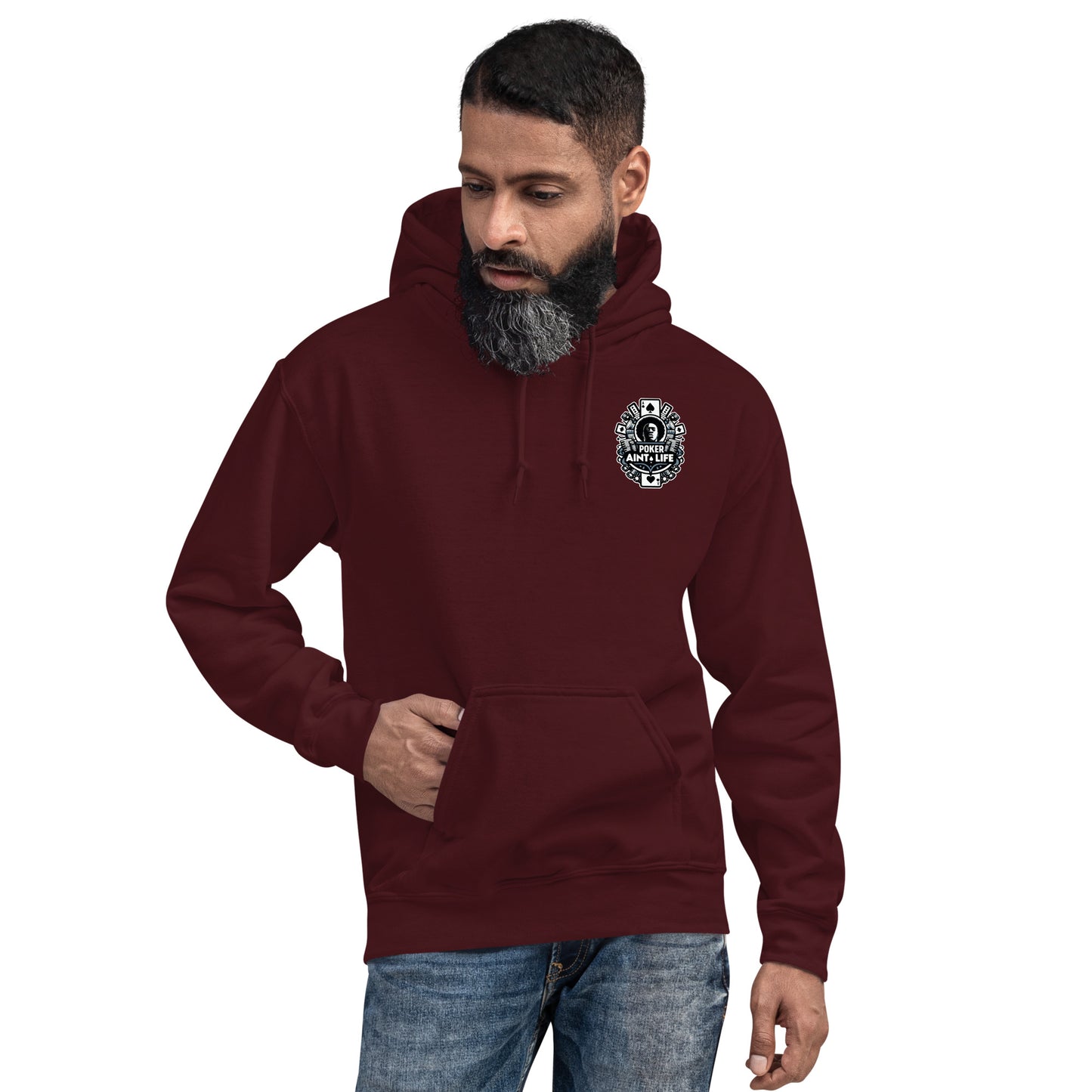 Red poker apparel hoodie featuring the bold Poker Ain’t Life logo on the front, crafted from a soft cotton-poly blend for all-day comfort. Ideal poker clothing for grinders, tournament players, and dedicated card enthusiasts.