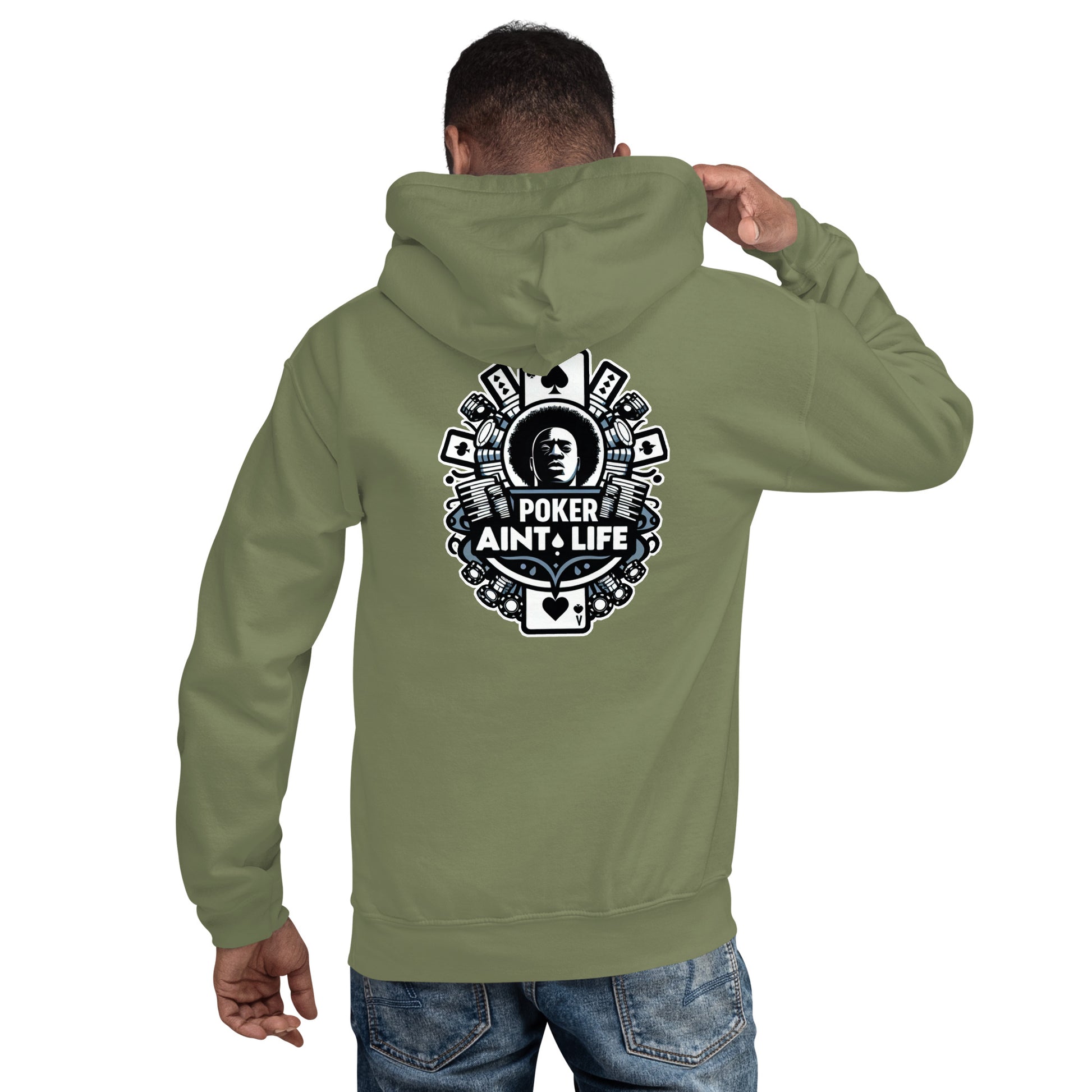 Back side of OD Gren poker apparel hoodie featuring the bold Poker Ain’t Life logo on the front, crafted from a soft cotton-poly blend for all-day comfort. Ideal poker clothing for grinders, tournament players, and dedicated card enthusiasts.