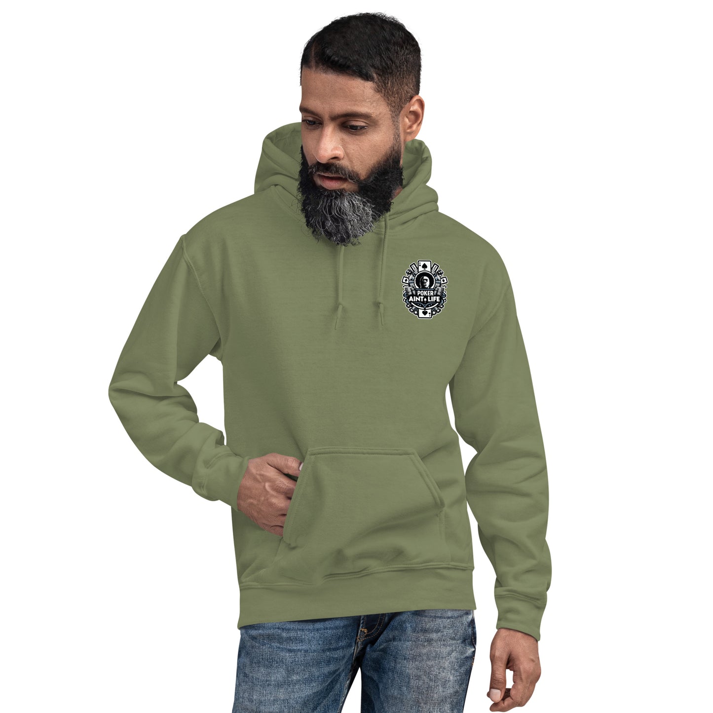 Front side of OD green poker apparel hoodie featuring the bold Poker Ain’t Life logo on the front, crafted from a soft cotton-poly blend for all-day comfort. Ideal poker clothing for grinders, tournament players, and dedicated card enthusiasts.
