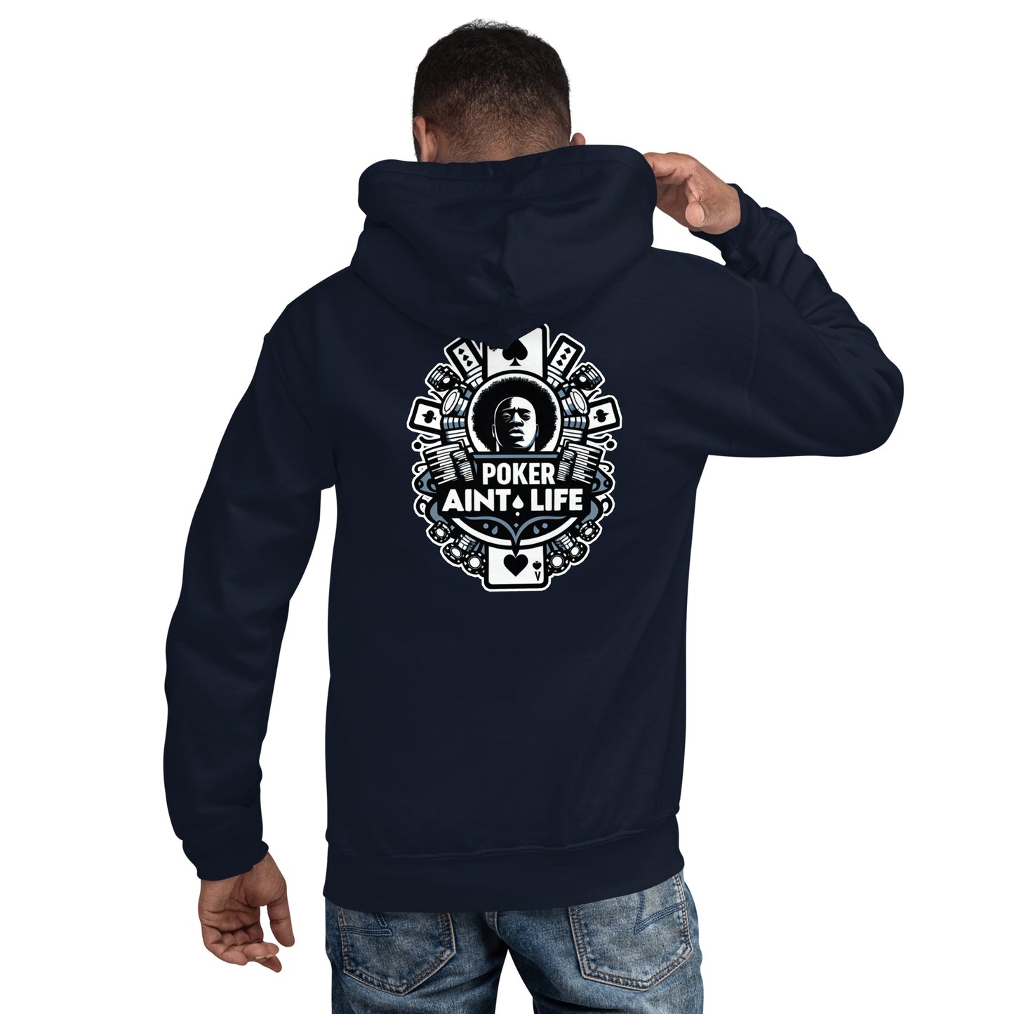 Back side of blue poker apparel hoodie featuring the bold Poker Ain’t Life logo on the front, crafted from a soft cotton-poly blend for all-day comfort. Ideal poker clothing for grinders, tournament players, and dedicated card enthusiasts.