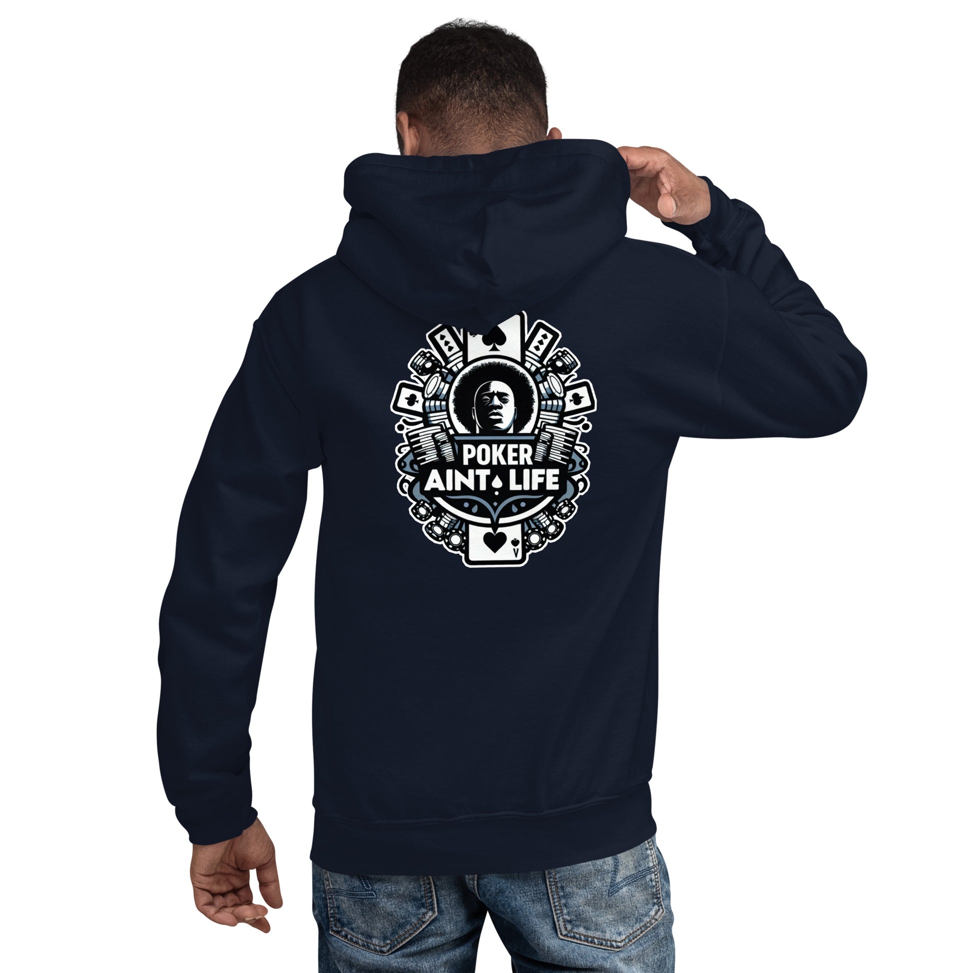 Back side of blue poker apparel hoodie featuring the bold Poker Ain’t Life logo on the front, crafted from a soft cotton-poly blend for all-day comfort. Ideal poker clothing for grinders, tournament players, and dedicated card enthusiasts.