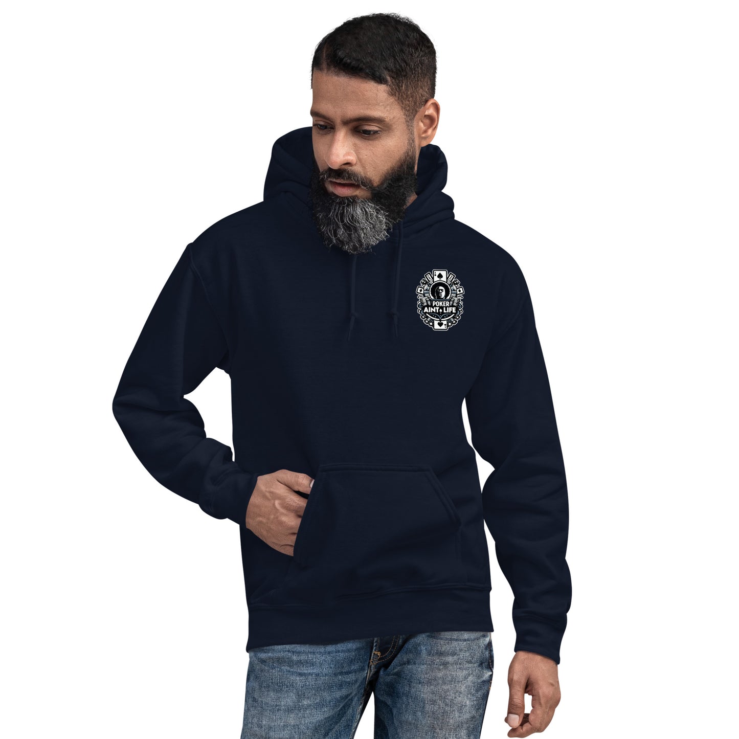 Blue poker apparel hoodie from front featuring the bold Poker Ain’t Life logo on the front, crafted from a soft cotton-poly blend for all-day comfort. Ideal poker clothing for grinders, tournament players, and dedicated card enthusiasts.