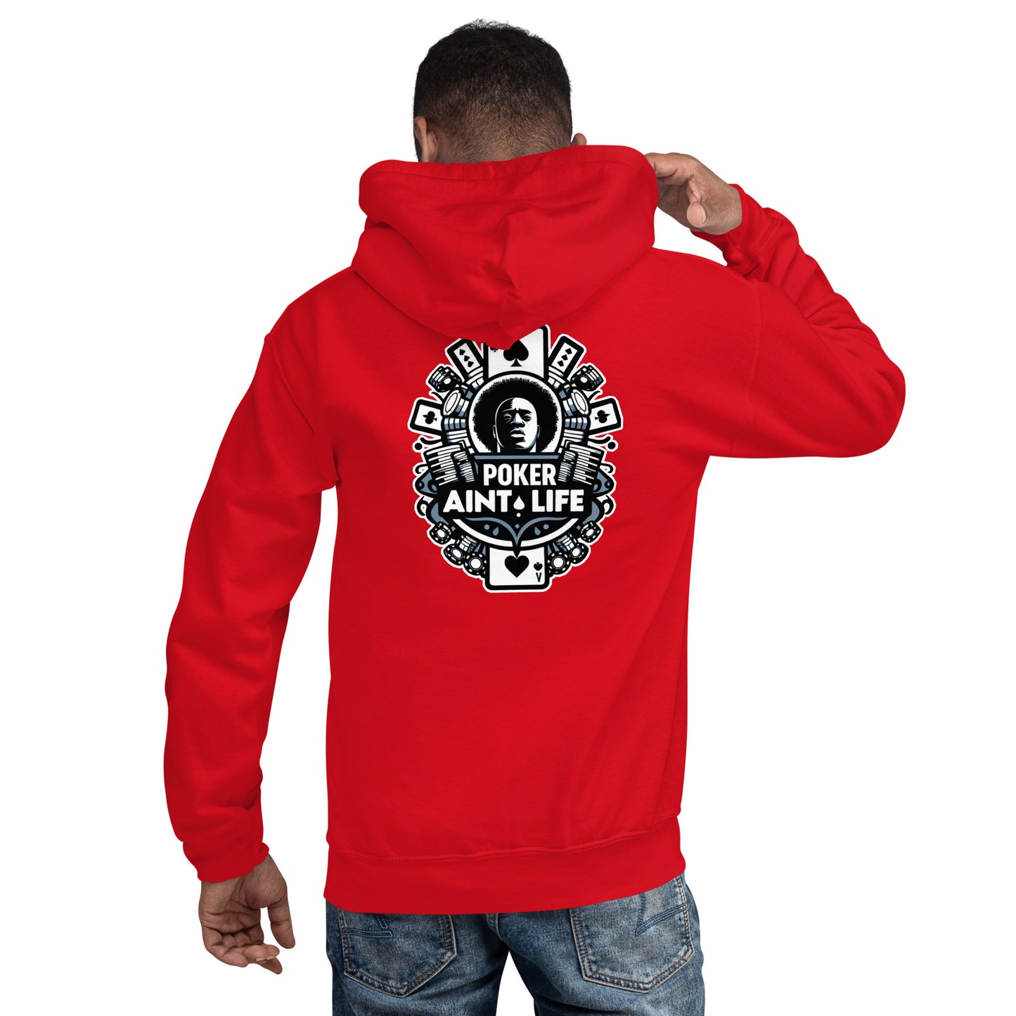 Back side of red poker apparel hoodie featuring the bold Poker Ain’t Life logo on the front, crafted from a soft cotton-poly blend for all-day comfort. Ideal poker clothing for grinders, tournament players, and dedicated card enthusiasts.