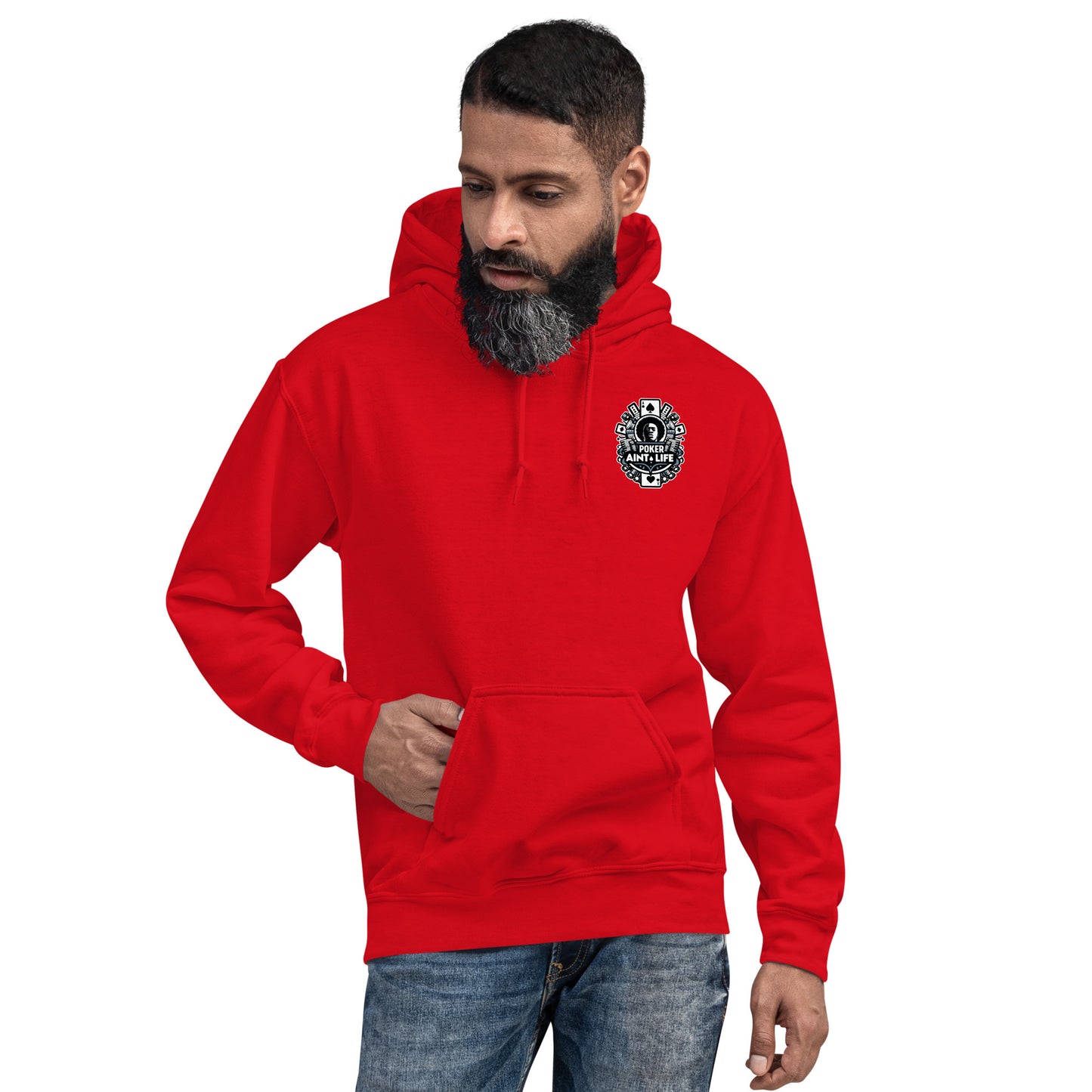 Front side of red poker apparel hoodie featuring the bold Poker Ain’t Life logo on the front, crafted from a soft cotton-poly blend for all-day comfort. Ideal poker clothing for grinders, tournament players, and dedicated card enthusiasts.