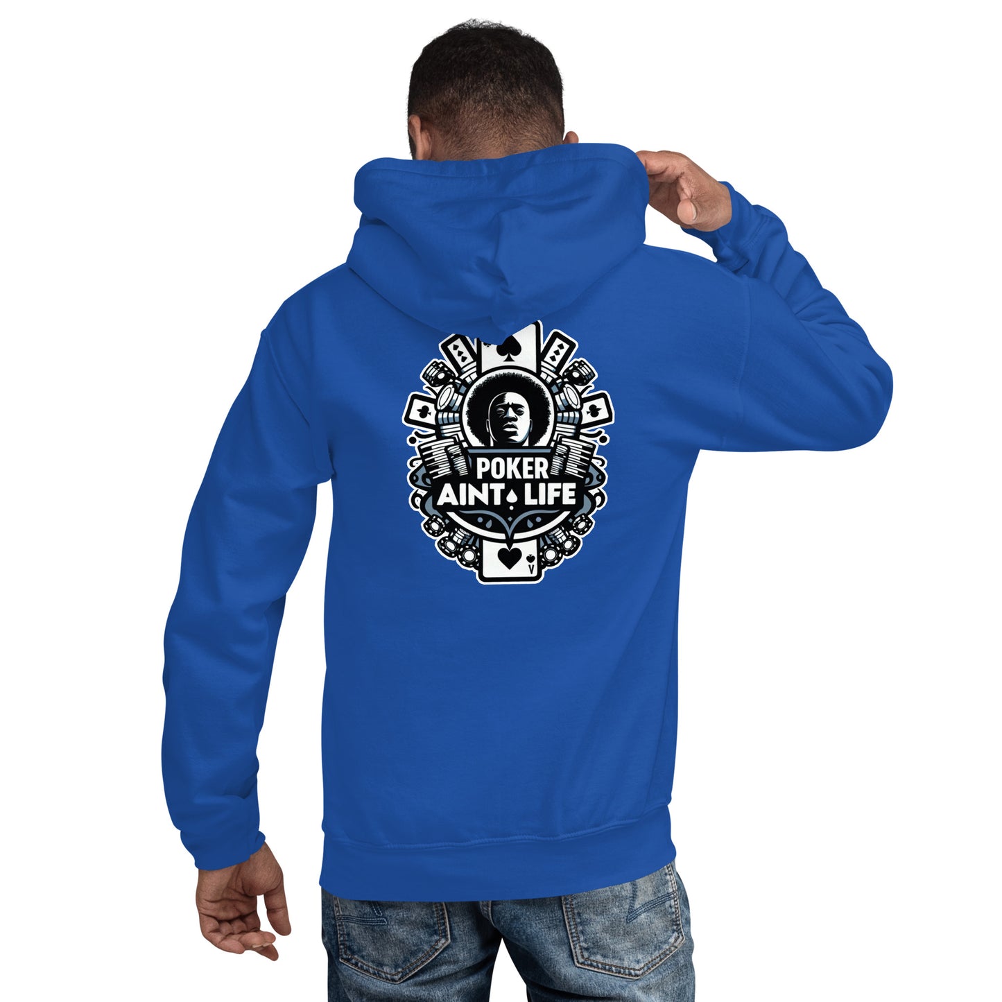 Back side of blue poker apparel hoodie featuring the bold Poker Ain’t Life logo on the front, crafted from a soft cotton-poly blend for all-day comfort. Ideal poker clothing for grinders, tournament players, and dedicated card enthusiasts.