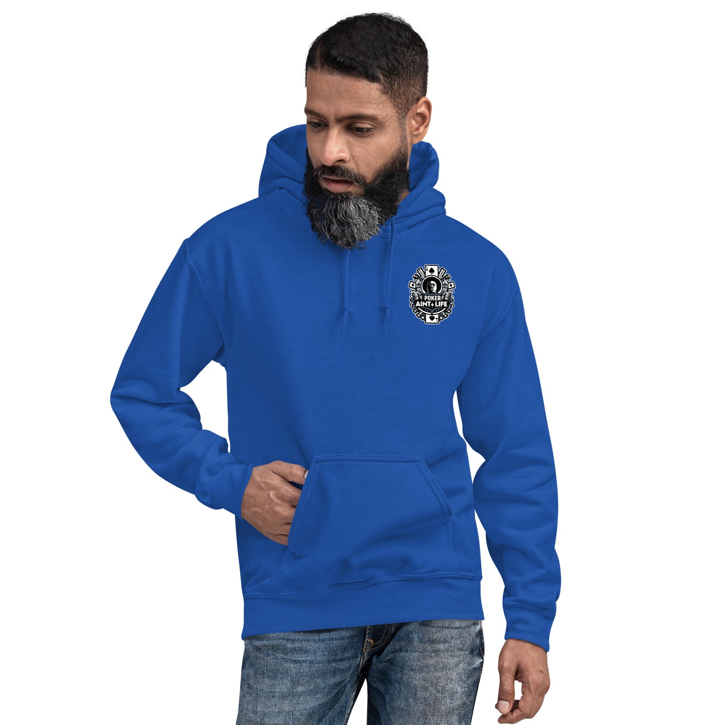 front side of blue poker apparel hoodie featuring the bold Poker Ain’t Life logo on the front, crafted from a soft cotton-poly blend for all-day comfort. Ideal poker clothing for grinders, tournament players, and dedicated card enthusiasts.