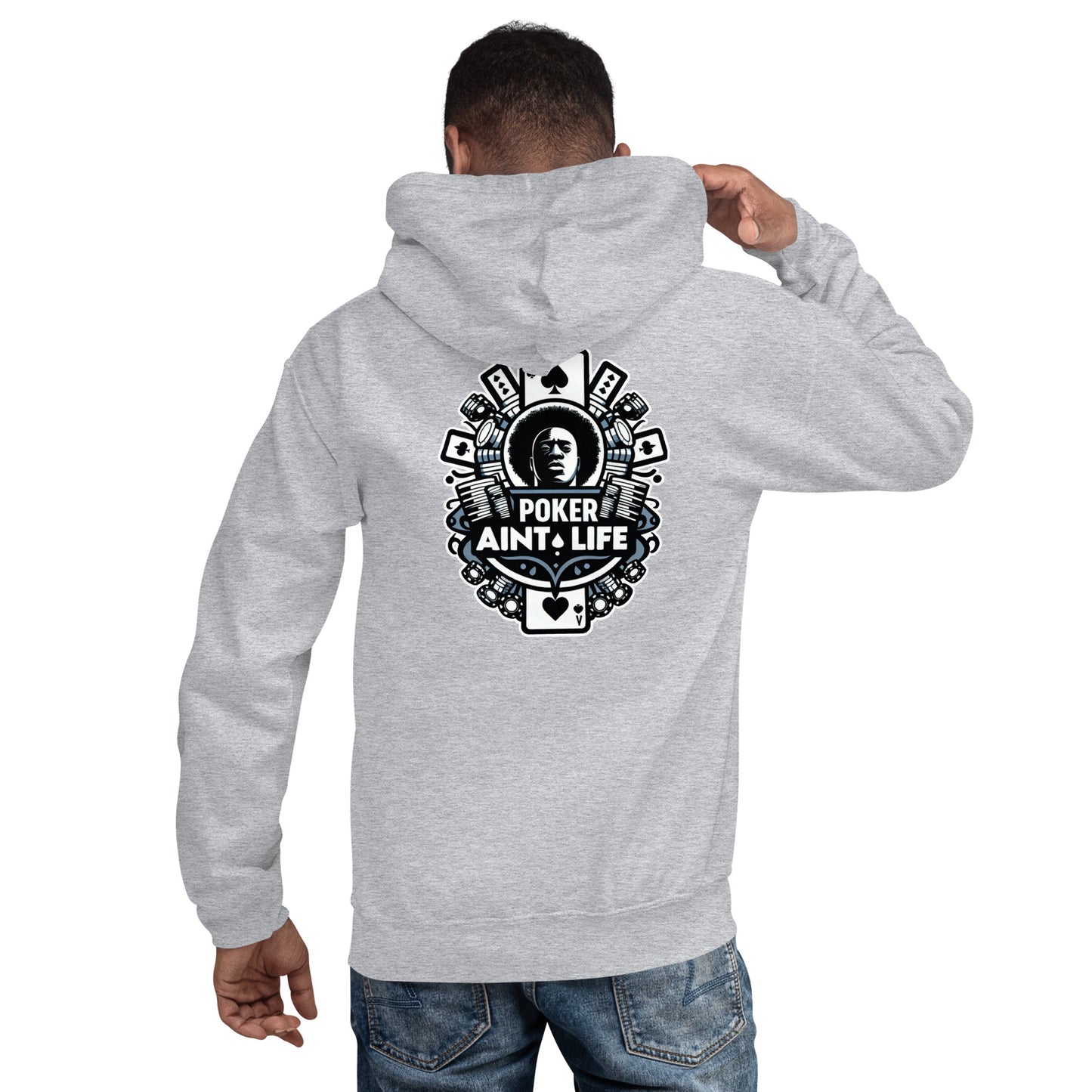 Back side of grey poker apparel hoodie featuring the bold Poker Ain’t Life logo on the front, crafted from a soft cotton-poly blend for all-day comfort. Ideal poker clothing for grinders, tournament players, and dedicated card enthusiasts.