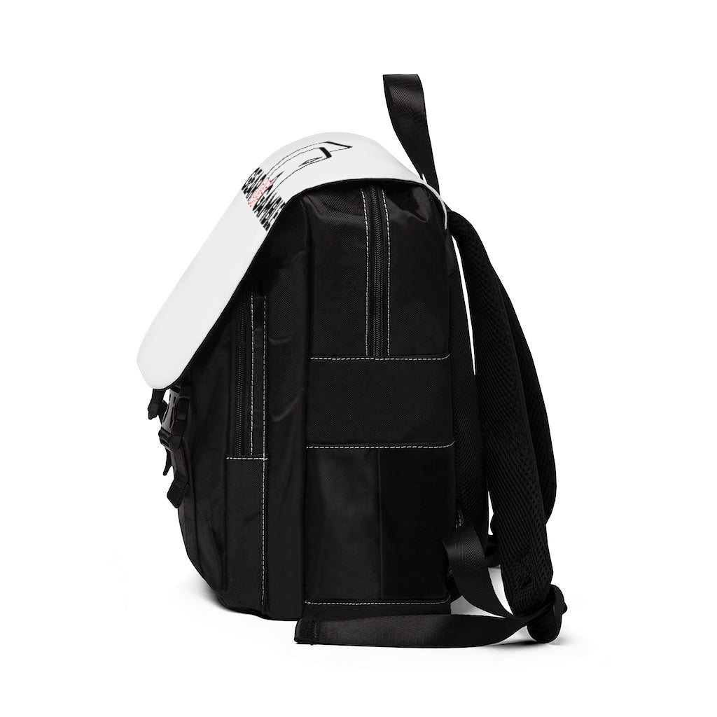 Black and white poker backpack shot from side. made from durable Oxford canvas, featuring multiple compartments for poker accessories. Includes padded straps, secure zippers, and a sleek design, perfect for poker enthusiasts and tournament players