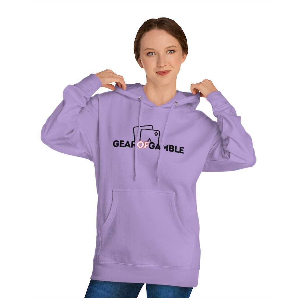 Woman wears Light purple poker hoodie featuring the bold Gear of Gamble logo on the front. Made from a soft cotton blend for ultimate comfort during long poker sessions, perfect poker apparel for players who want to rep their poker lifestyle