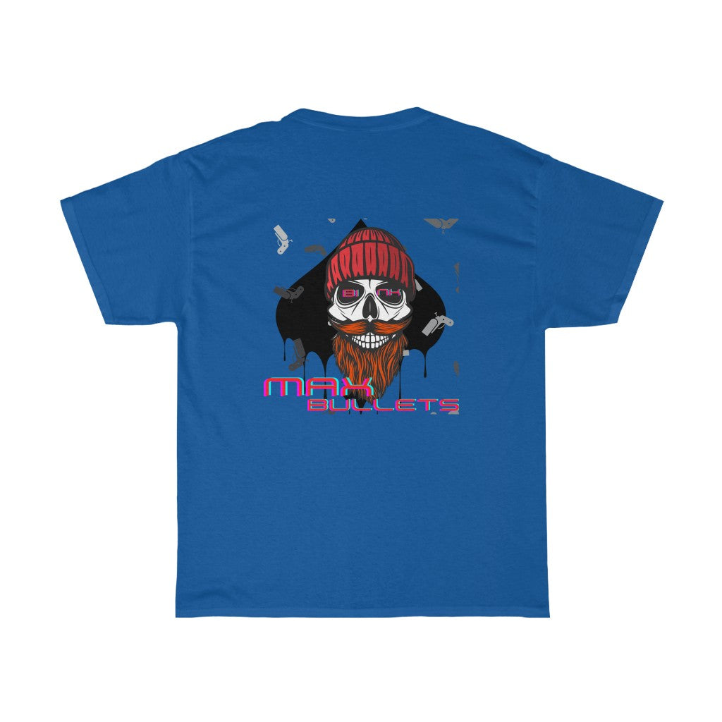 Detailed back design in dark blue of the GoG Max Bullets Poker T-Shirt, showcasing a skull with a beard wearing a beanie and the phrase ‘Max Bullets,’ representing the fearless mindset of a poker player. Ideal poker apparel for those who take risks and play to win