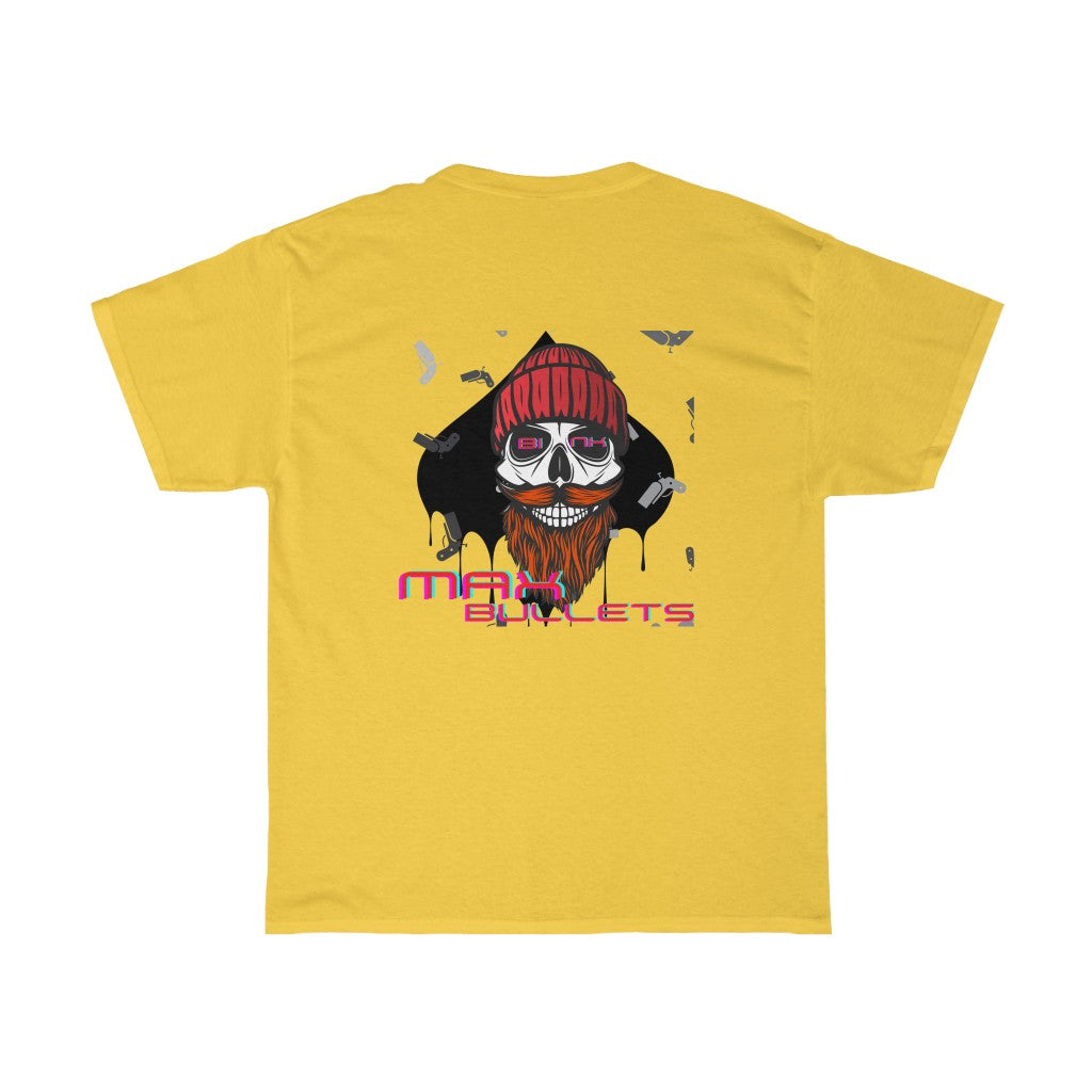 Detailed back design in yellow of the GoG Max Bullets Poker T-Shirt, showcasing a skull with a beard wearing a beanie and the phrase ‘Max Bullets,’ representing the fearless mindset of a poker player.