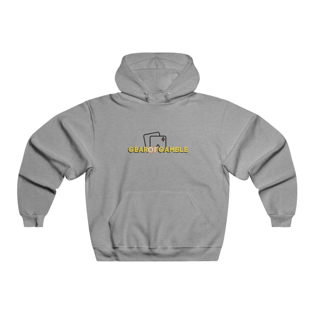 Grey poker hoodie featuring the bold Gear of Gamble logo on the front, perfect poker clothing for confident players who want to rep their passion for the game. Made from a soft cotton blend for comfort during long poker sessions.