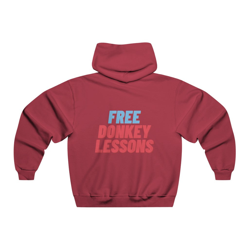 hoodie featuring ‘Free Donkey Lessons’ text on the back, ideal for poker enthusiasts who enjoy a playful, humorous design