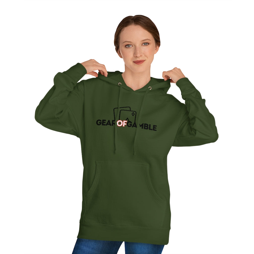 woman wears OD green poker hoodie featuring the bold Gear of Gamble logo on the front. Made from a soft cotton blend for ultimate comfort during long poker sessions, perfect poker apparel for players who want to rep their poker lifestyle