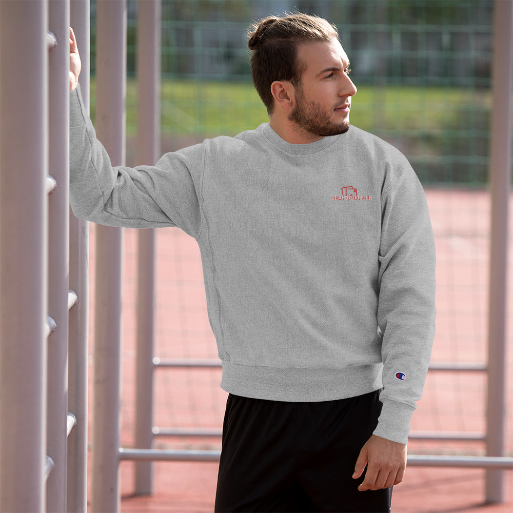 Man wearing Grey Champion sweatshirt featuring the bold GOG logo on the front, offering premium comfort and style for poker enthusiasts