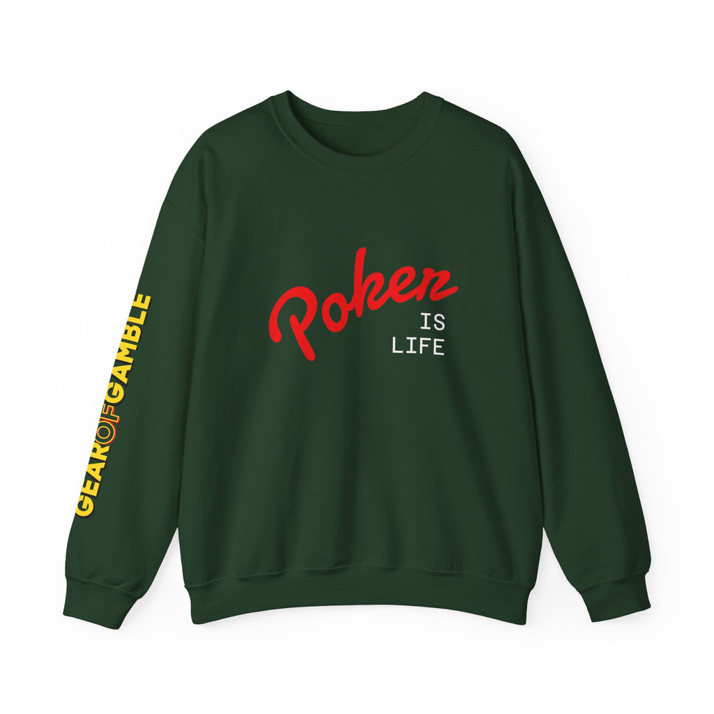 Dark Crewneck Sweatshirt - 'Poker Is Life' Graphic with Sleeve 'Clear to Gamble' Accent