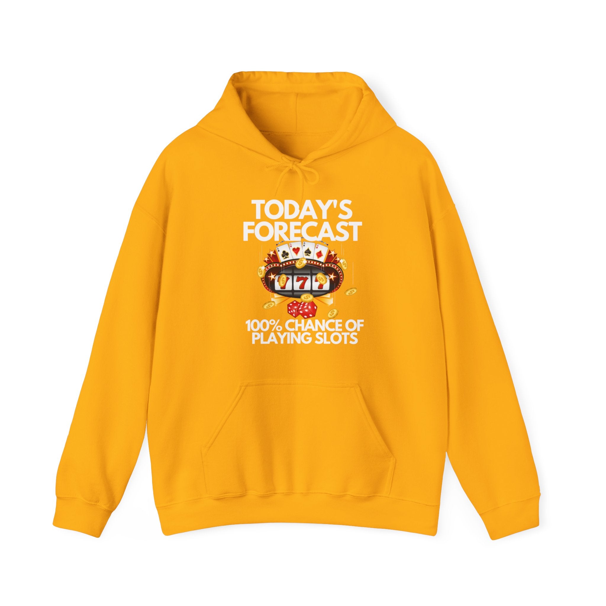 Yellow Slot Machine graphic hoodie featuring Today’s Forecast Light design, made from a soft cotton/polyester blend, ideal poker apparel for players