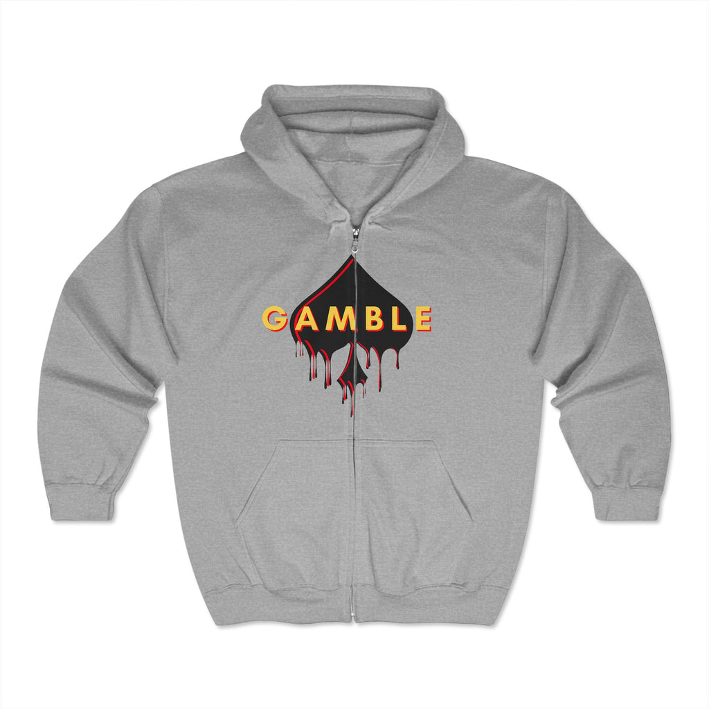 Grey poker zip-up hoodie with embroidered chest detail, crafted from a cotton-poly blend for comfort and durability. Ideal poker apparel for grinders, tournament players, and dedicated poker fans.