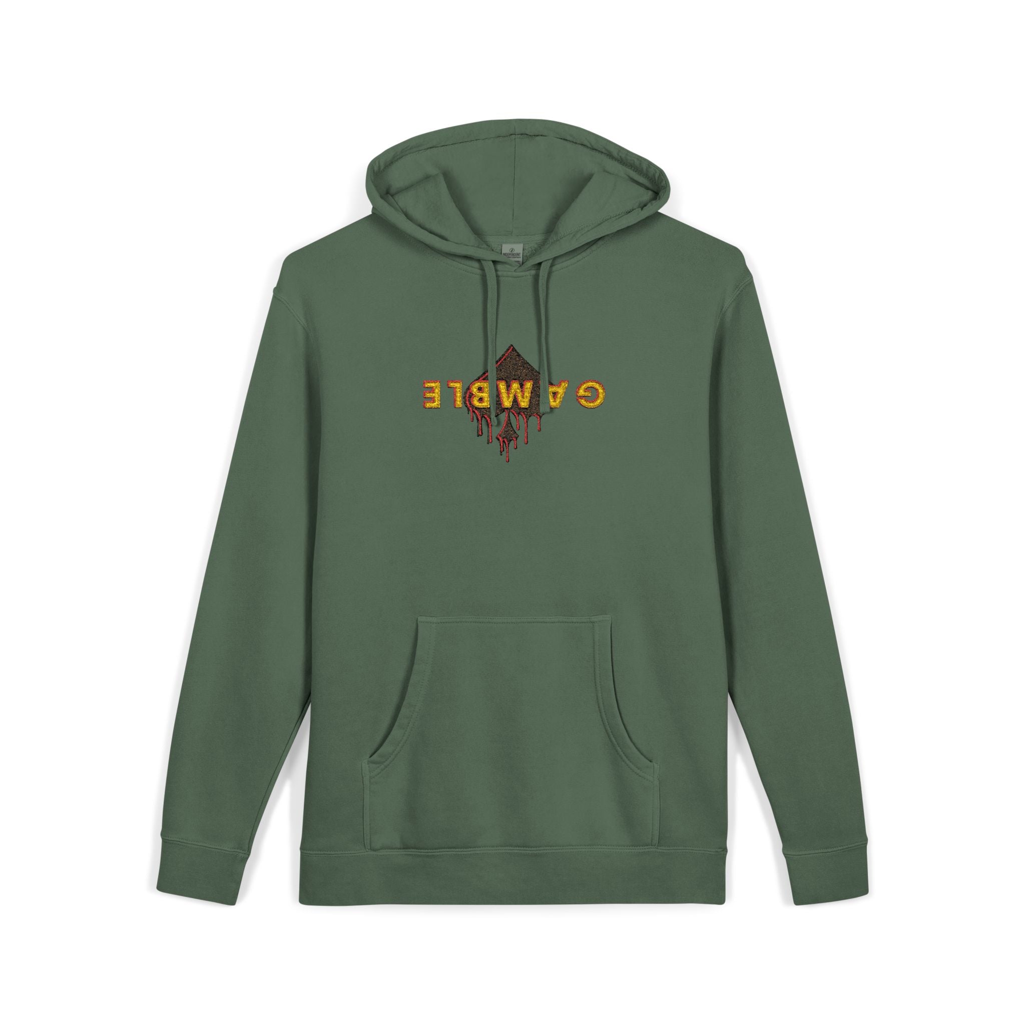 Embroidered Gamble Drip Vintage Green Hoodie — Floral 'Fiero' Distressed Logo