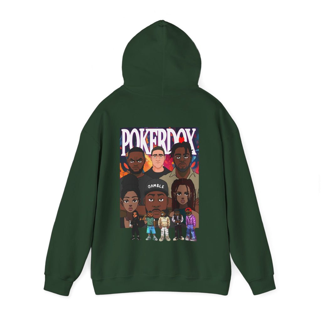 Pokerdox Crew Hoodie – Urban Graphic Hoodie Featuring Pokerdox Logo & Character Collage