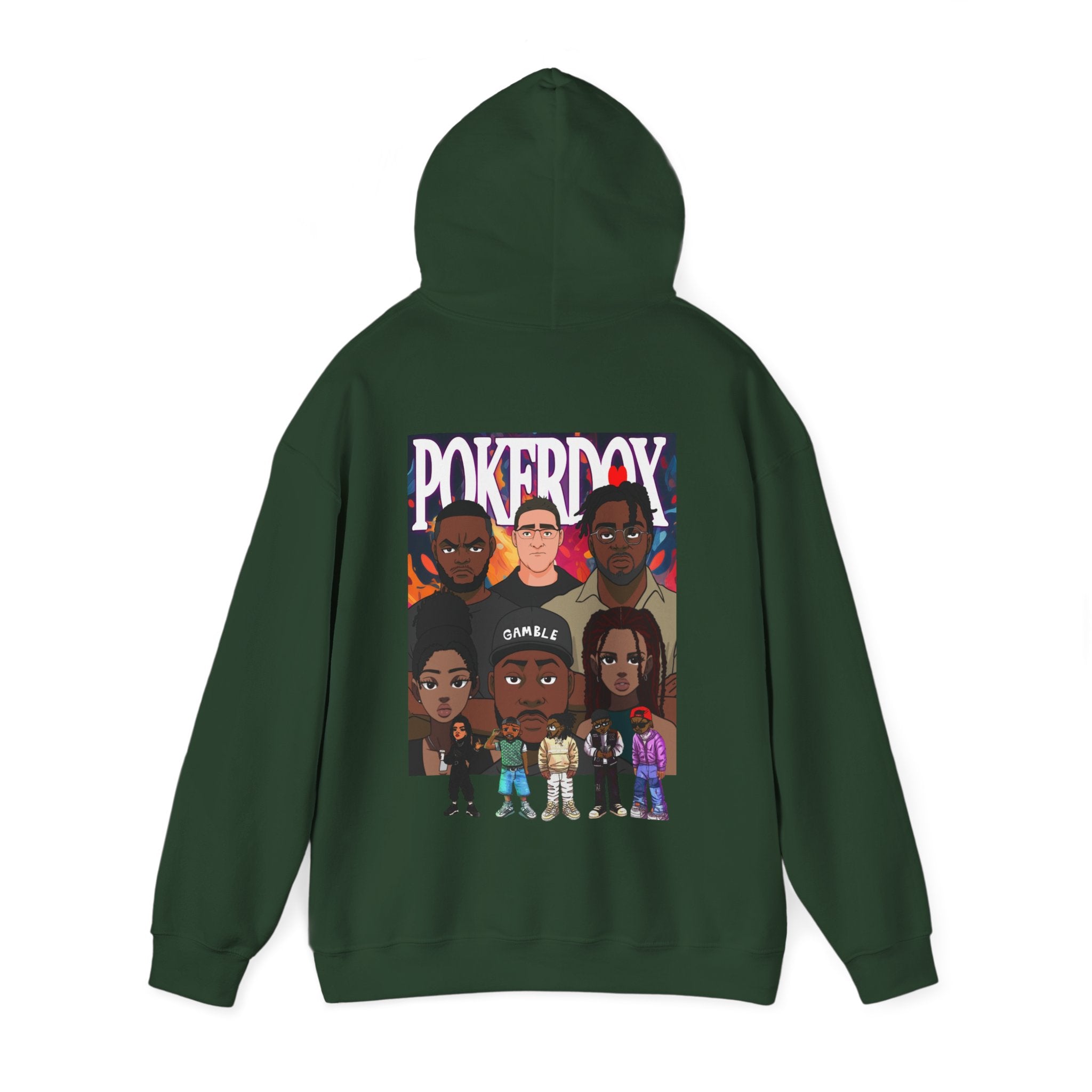 Pokerdox Crew Hoodie – Urban Graphic Hoodie Featuring Pokerdox Logo & Character Collage