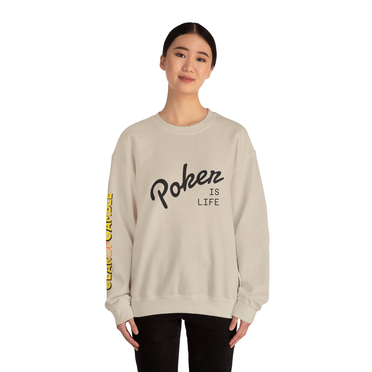 Crewneck Sweatshirt - 'Poker Is Life' Graphic with Sleeve 'Clear to Gamble' Accent