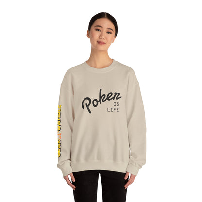 Crewneck Sweatshirt - 'Poker Is Life' Graphic with Sleeve 'Clear to Gamble' Accent