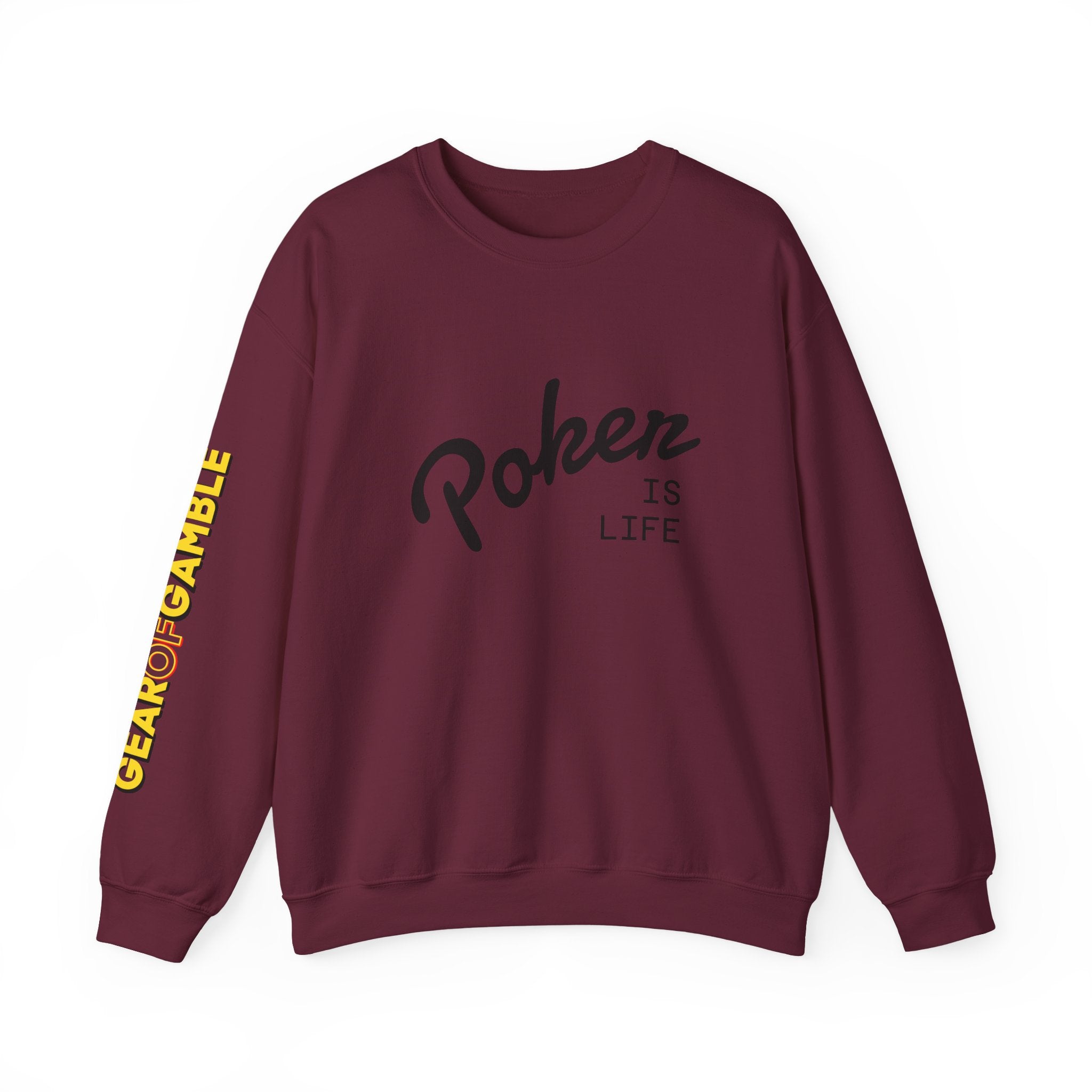 Crewneck Sweatshirt - 'Poker Is Life' Graphic with Sleeve 'Clear to Gamble' Accent