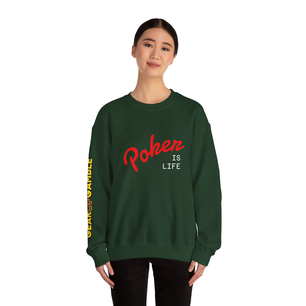 Dark Crewneck Sweatshirt - 'Poker Is Life' Graphic with Sleeve 'Clear to Gamble' Accent