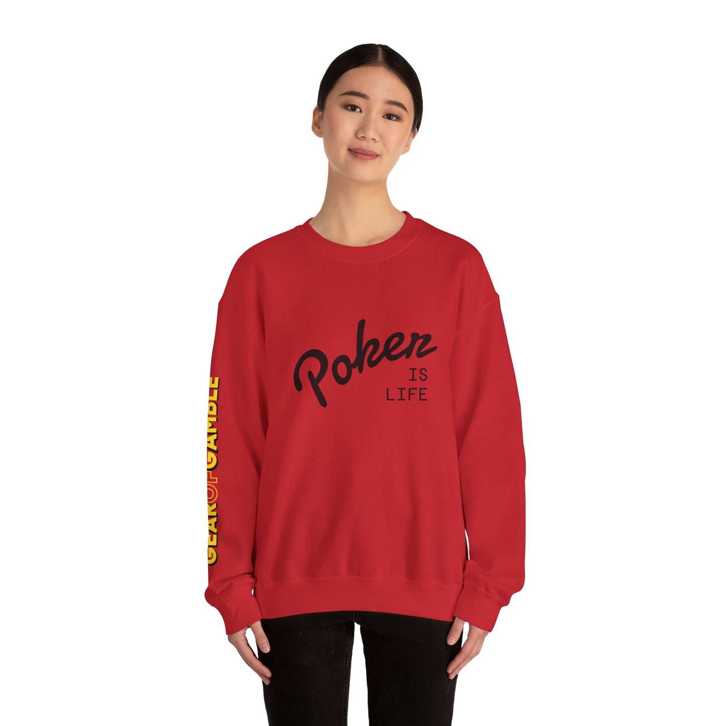 Crewneck Sweatshirt - 'Poker Is Life' Graphic with Sleeve 'Clear to Gamble' Accent